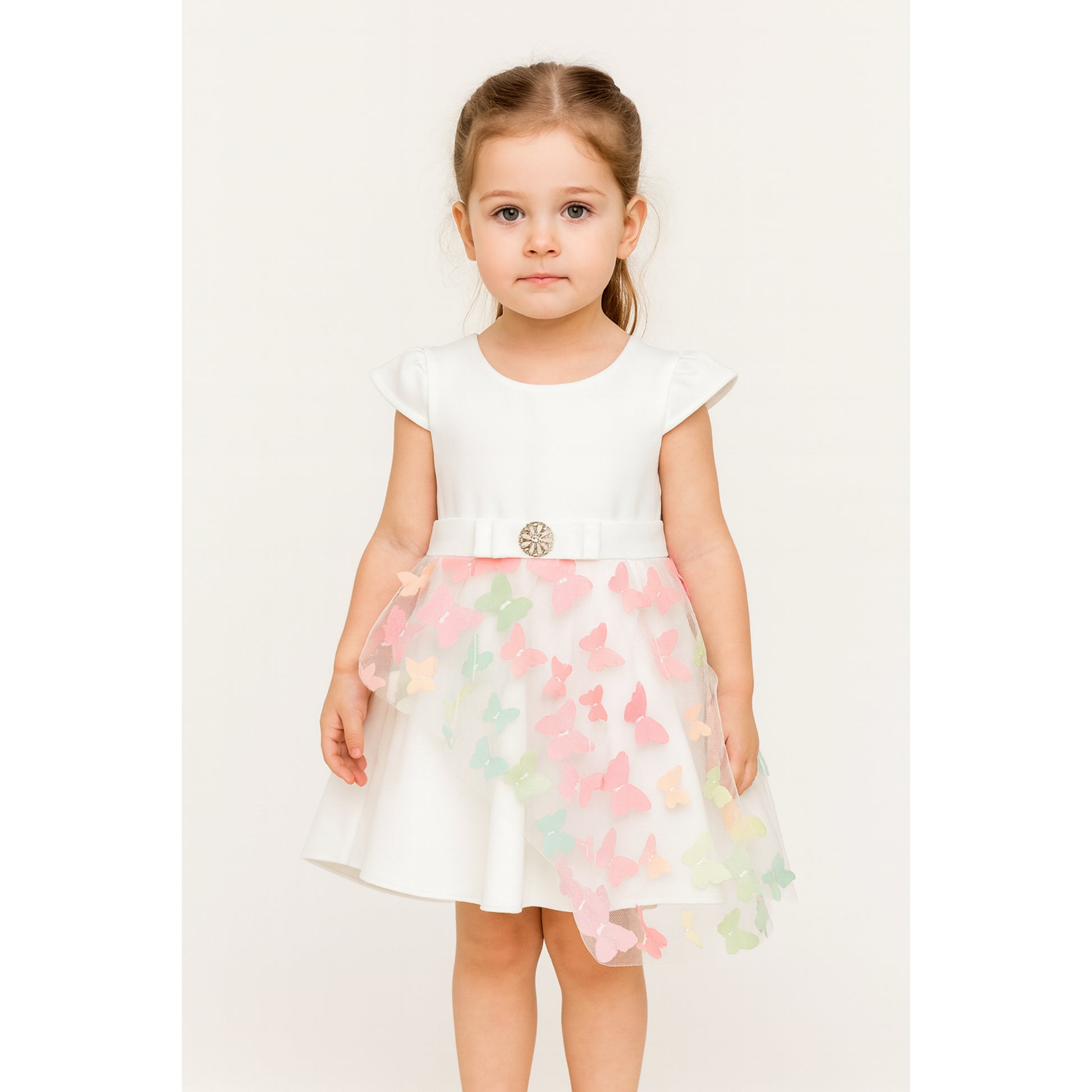 Meisjes Witte Vlinderjurk met Pastel 3D Appliqués