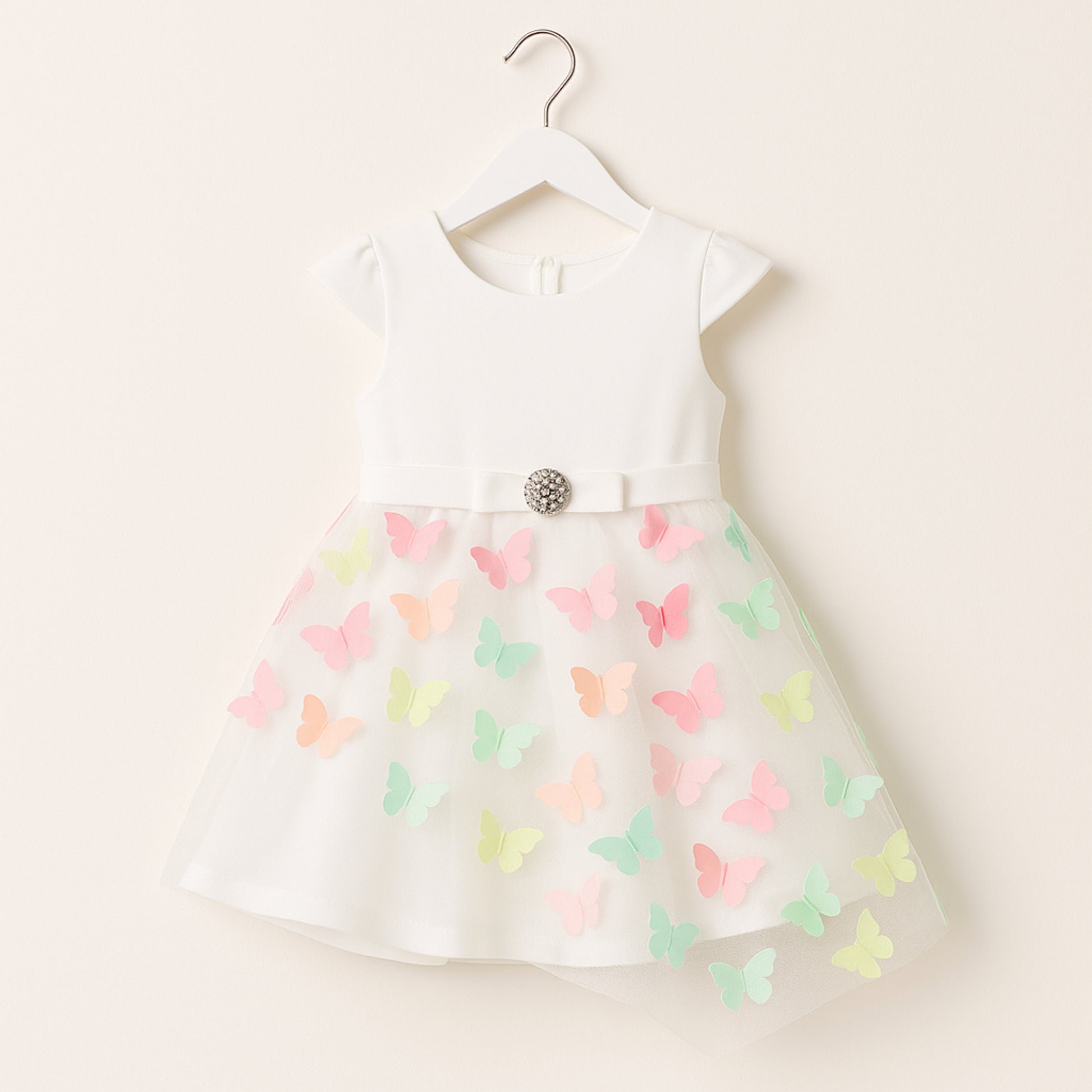 Meisjes Witte Vlinderjurk met Pastel 3D Appliqués