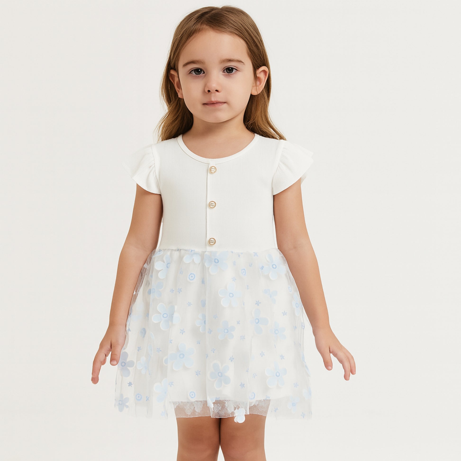 Meisjes Jurk Wit met Blauw Bloemen Tulle Rok