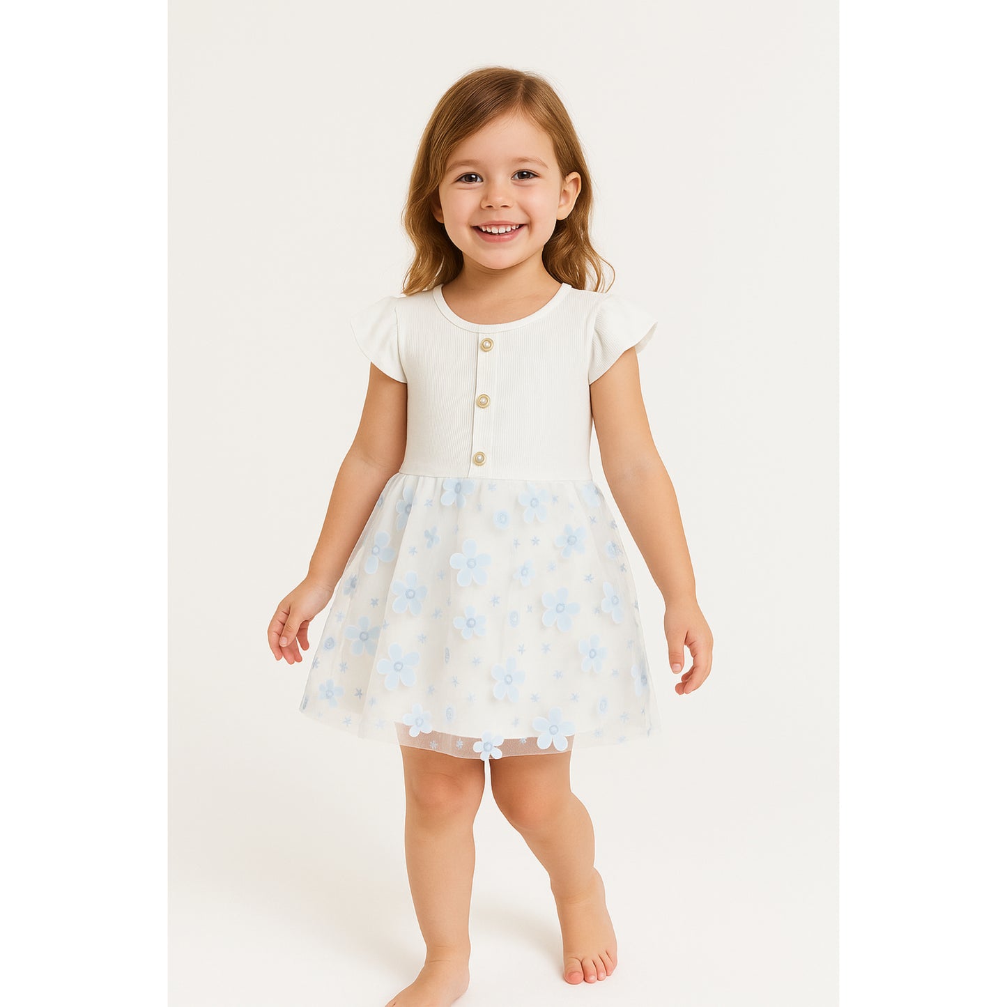 Meisjes Jurk Wit met Blauw Bloemen Tulle Rok 