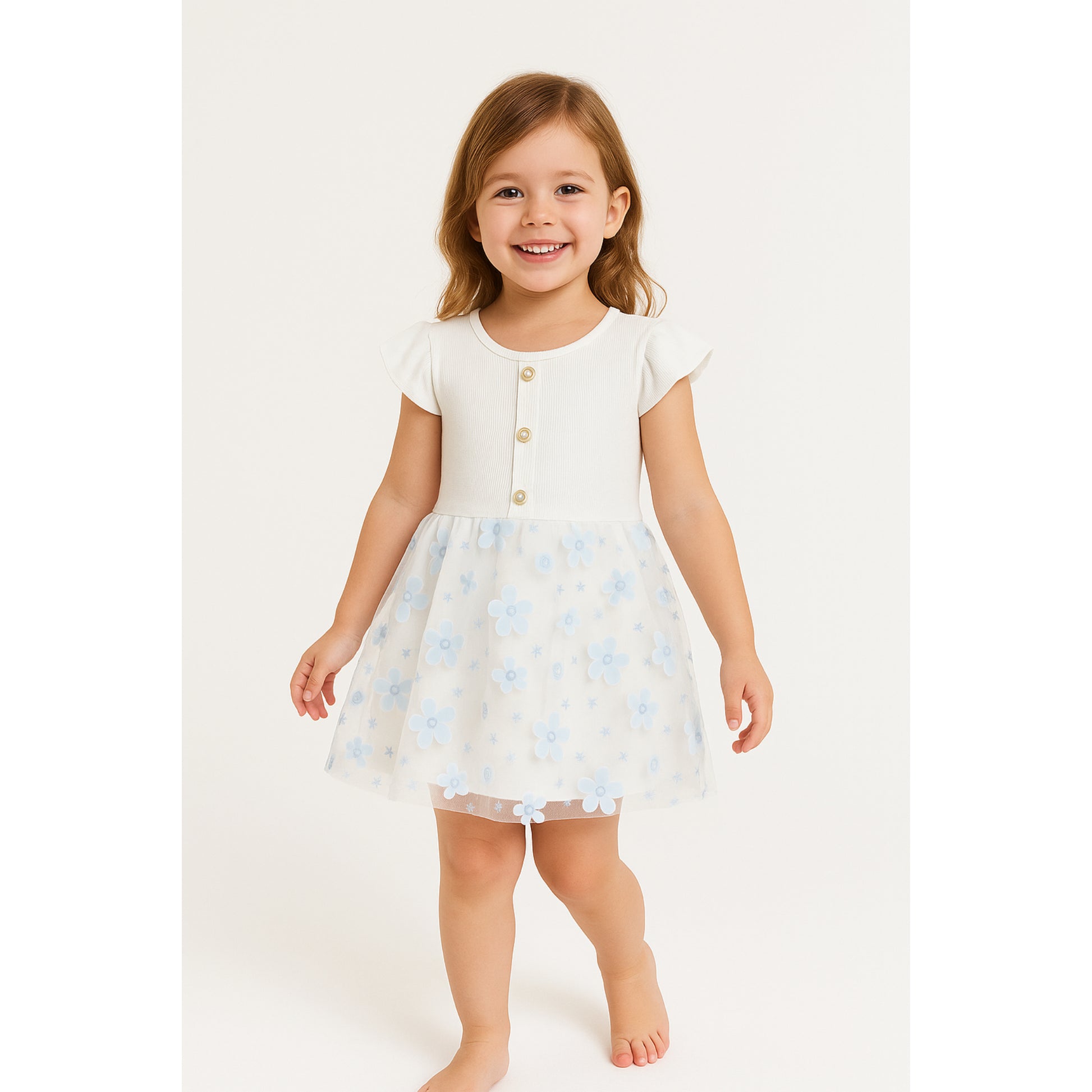 Meisjes Jurk Wit met Blauw Bloemen Tulle Rok 