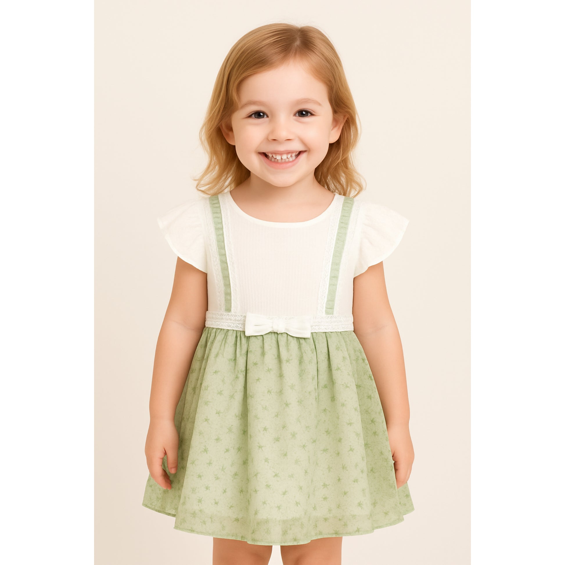 Meisjes groene jurk met witte top en strikdetail