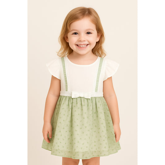 Meisjes groene jurk met witte top en strikdetail