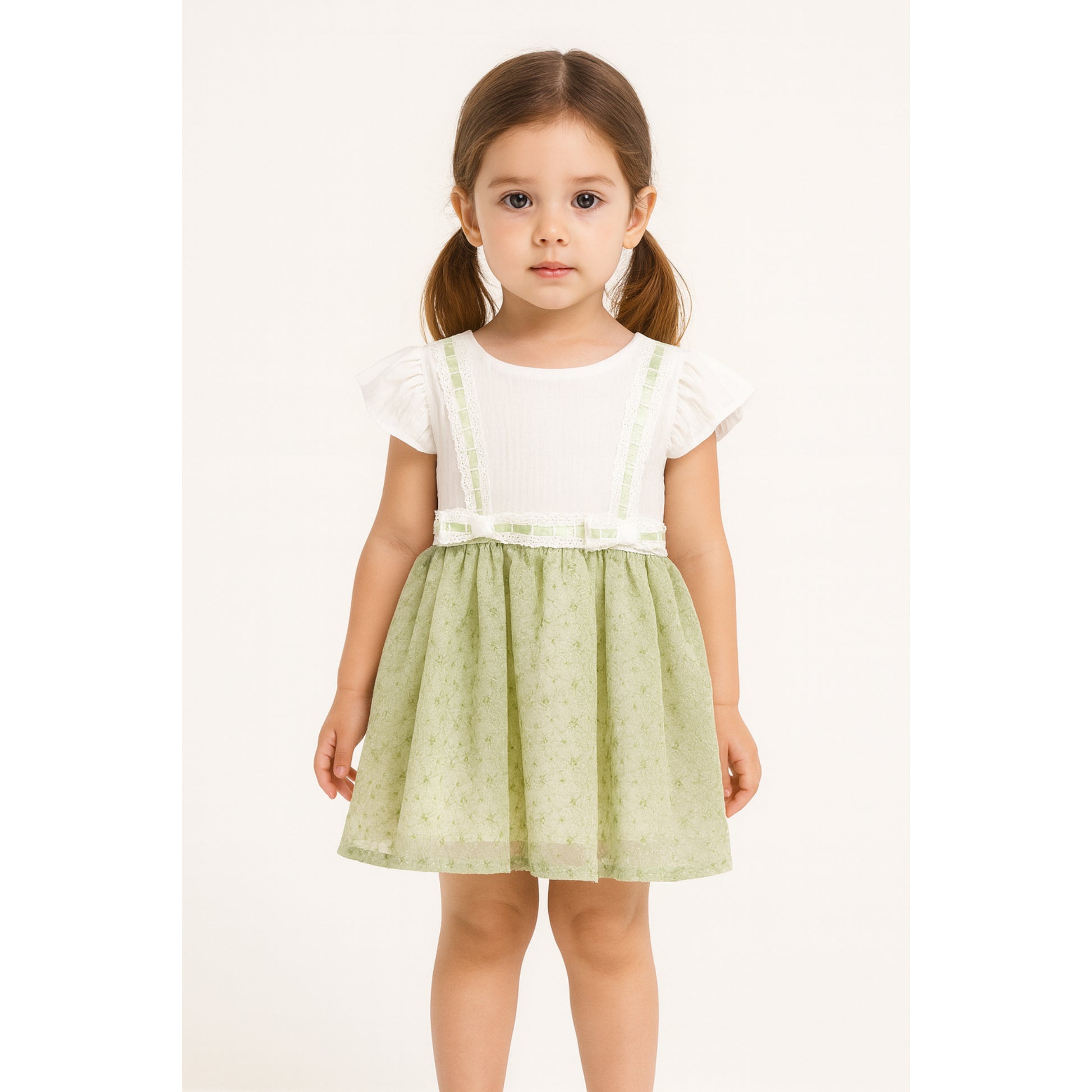 Meisjes groene jurk met witte top en strikdetail