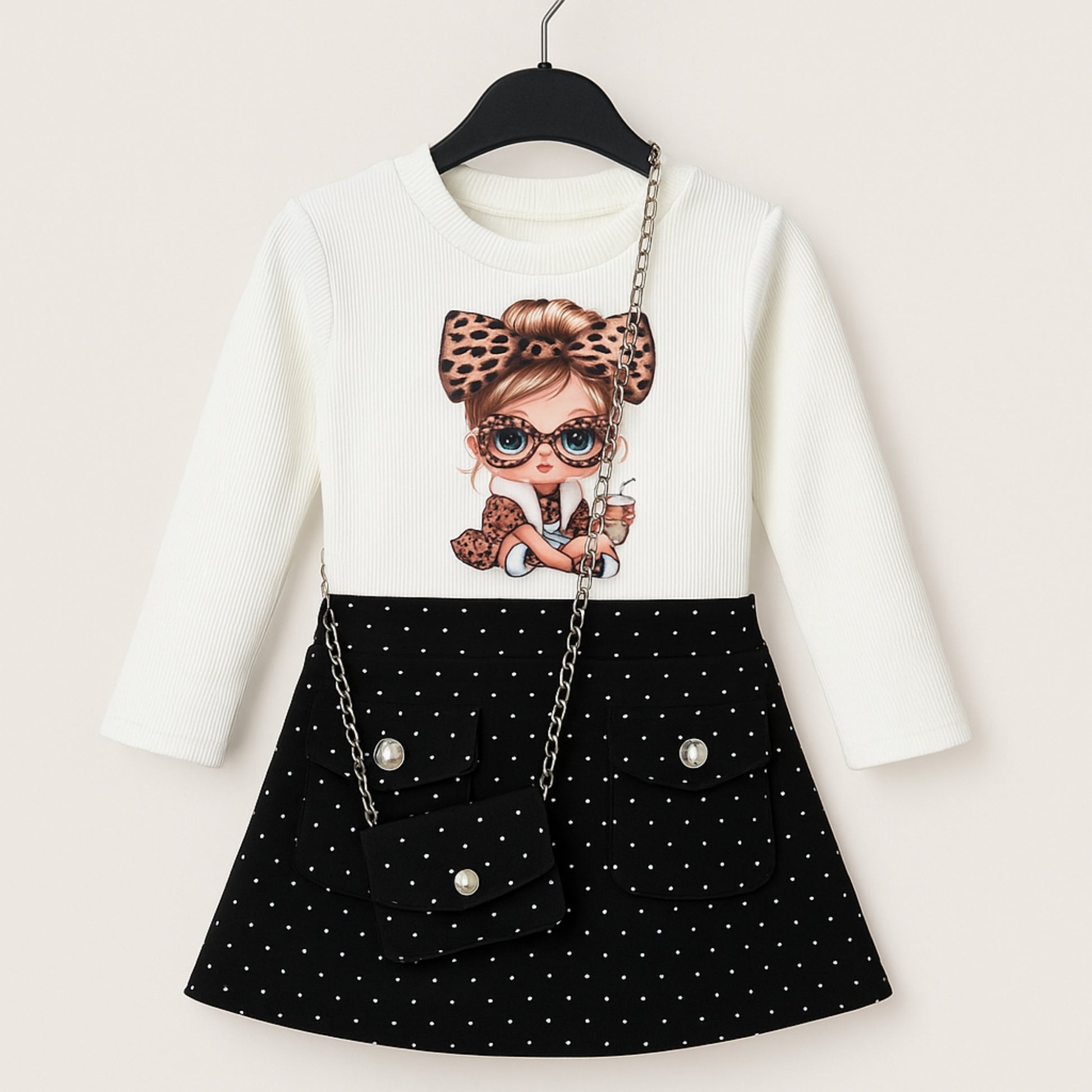 Meisjesjurk met poppenprint en zwart rokje – inclusief schoudertasje