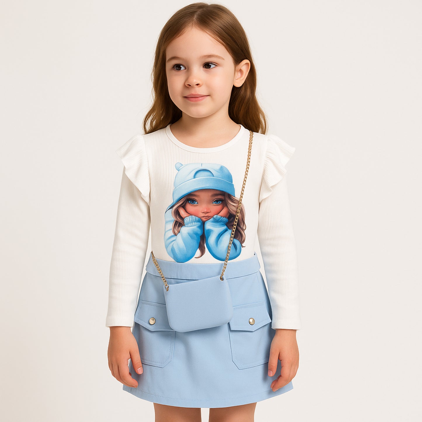 Meisjesjurk met poppenprint en blauw rokje – inclusief schoudertasje