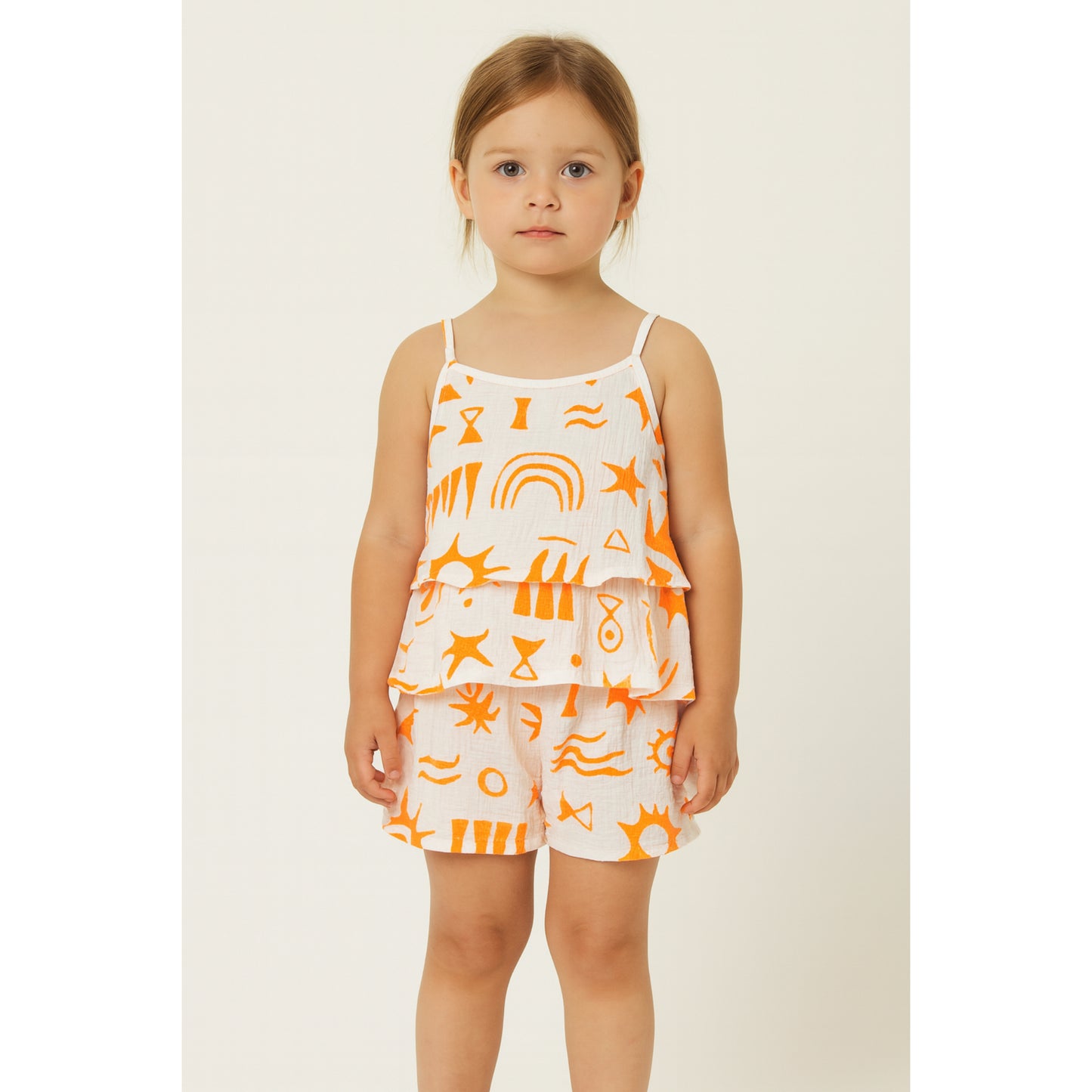 Meisjes Zomerset – Witte Top met Oranje Print en Korte Broek