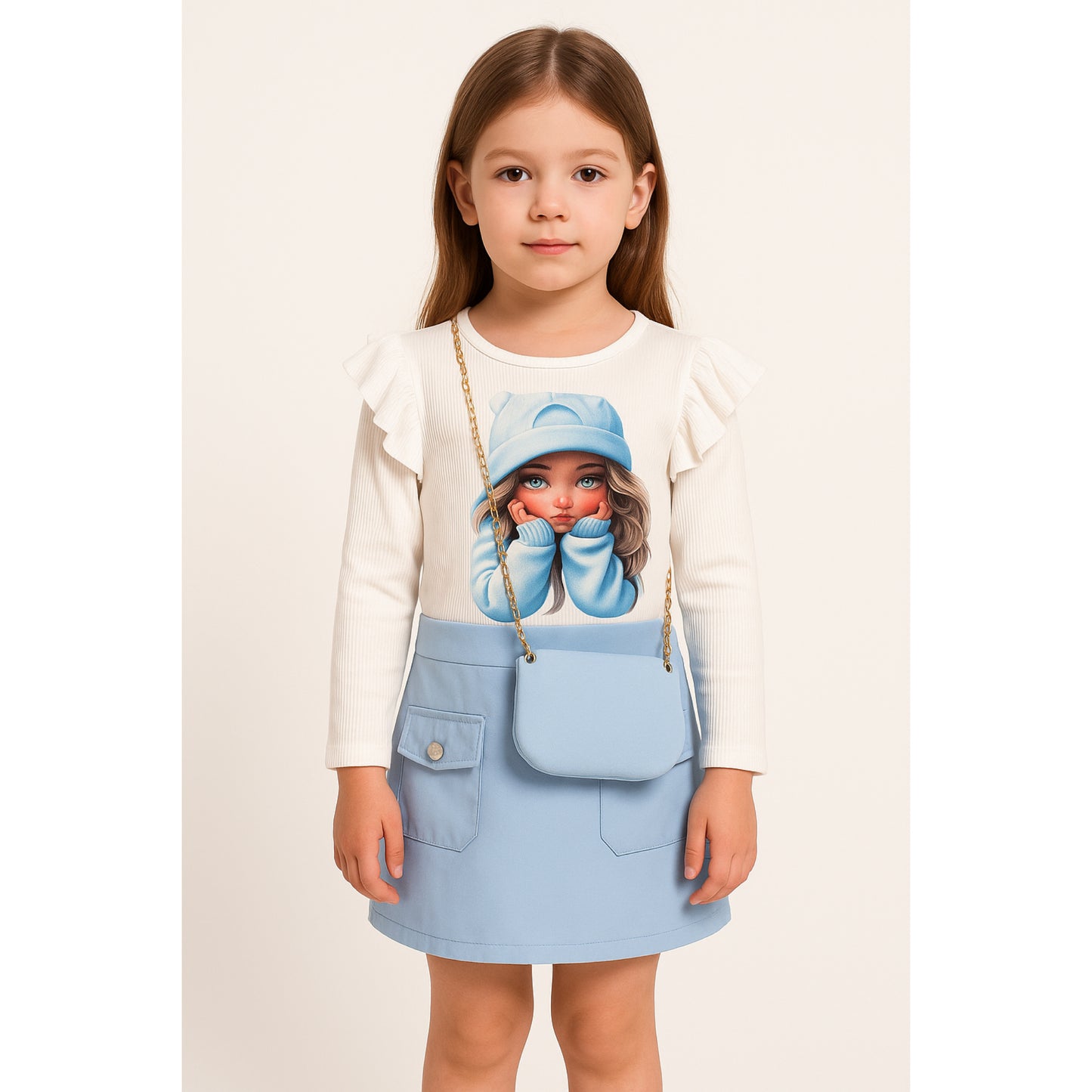 Meisjesjurk met poppenprint en blauw rokje – inclusief schoudertasje