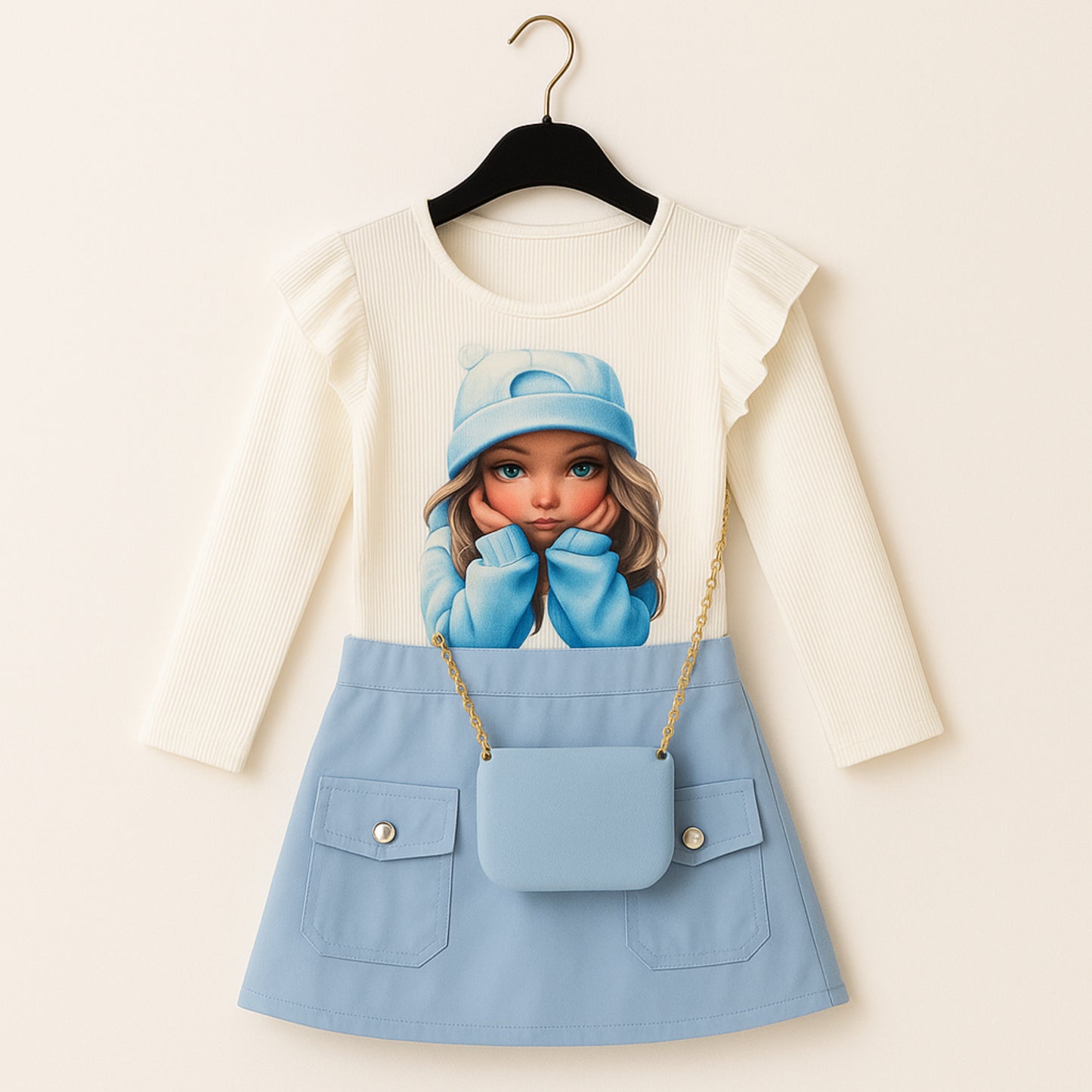 Meisjesjurk met poppenprint en blauw rokje – inclusief schoudertasje