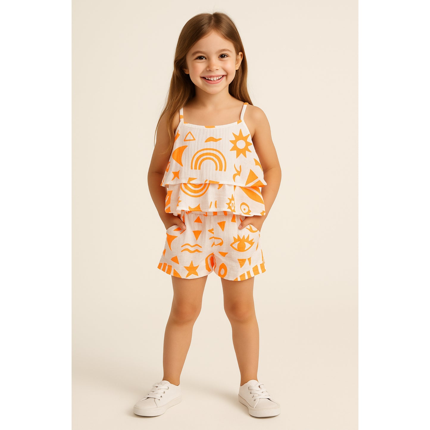 Meisjes Zomerset – Witte Top met Oranje Print en Korte Broek