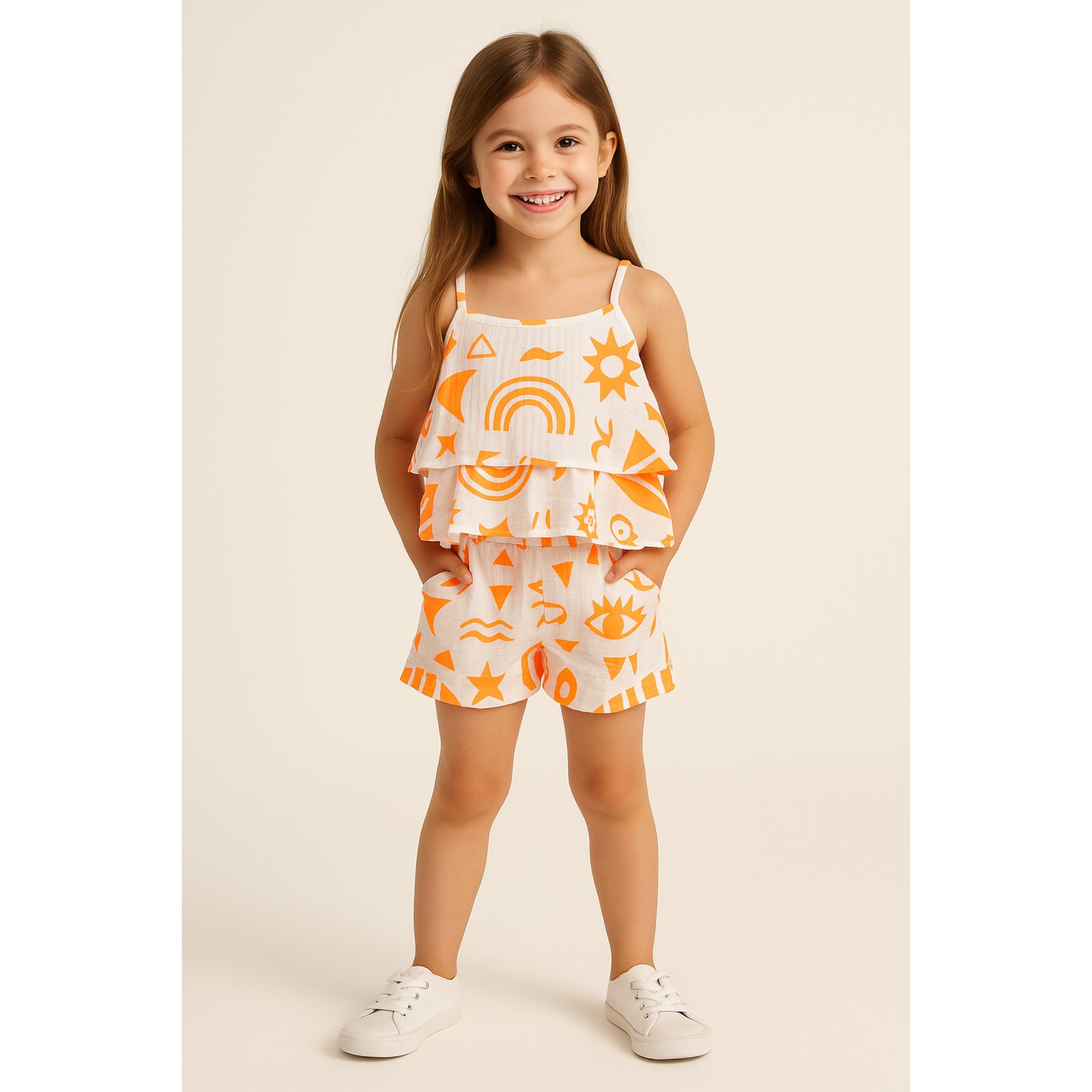 Meisjes Zomerset – Witte Top met Oranje Print en Korte Broek