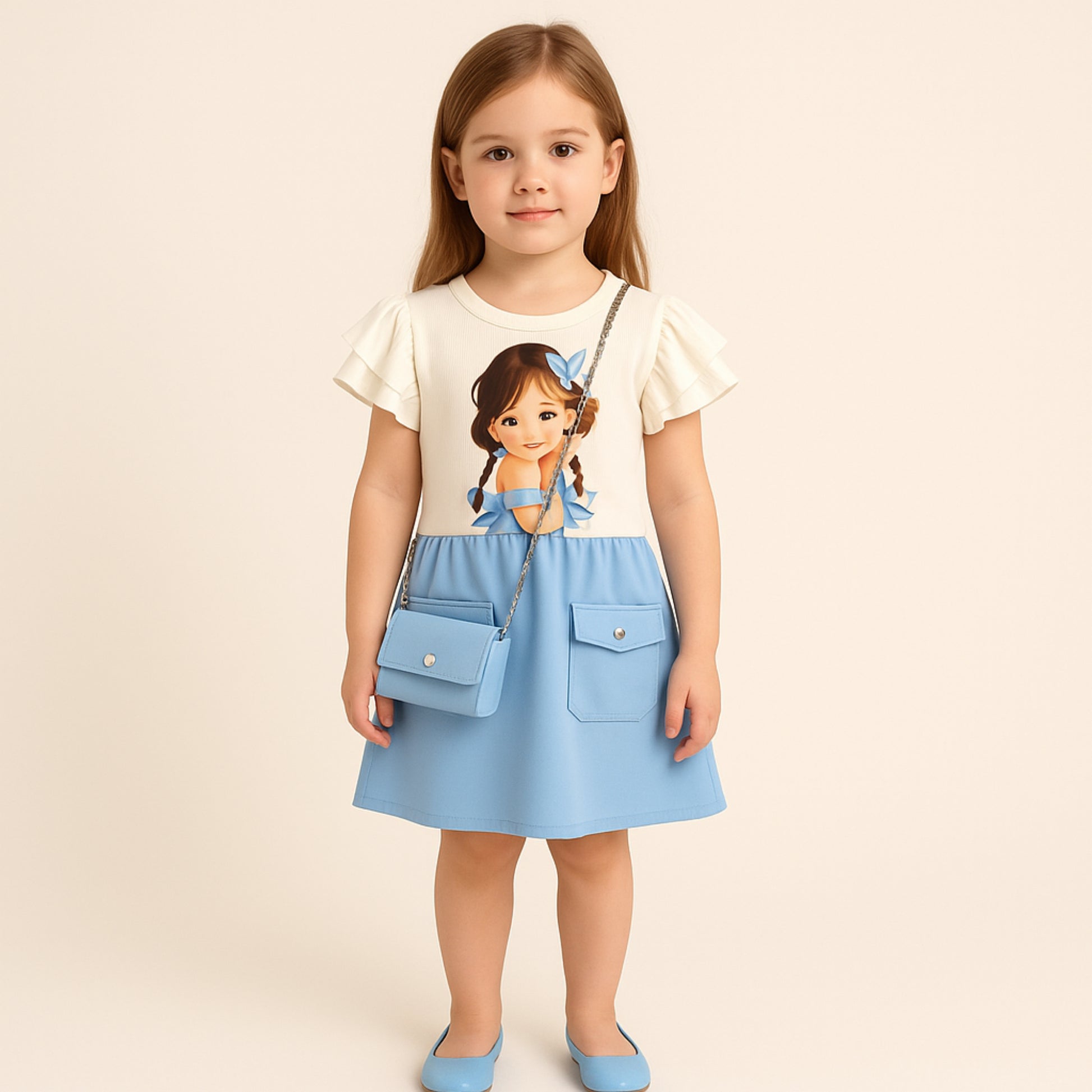 Meisjesjurk met poppenprint en blauw rokje – inclusief schoudertasje
