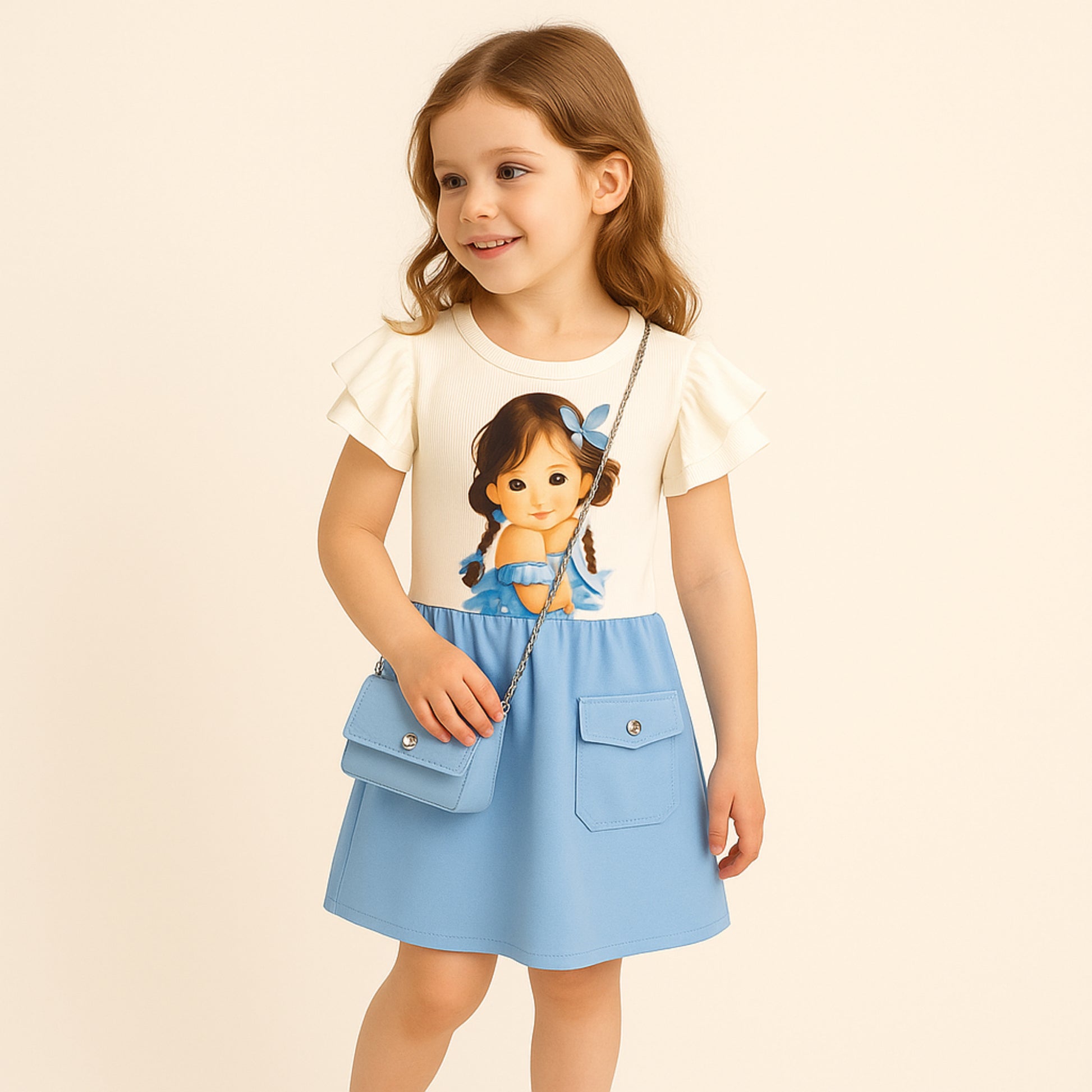 Meisjesjurk met poppenprint en blauw rokje – inclusief schoudertasje