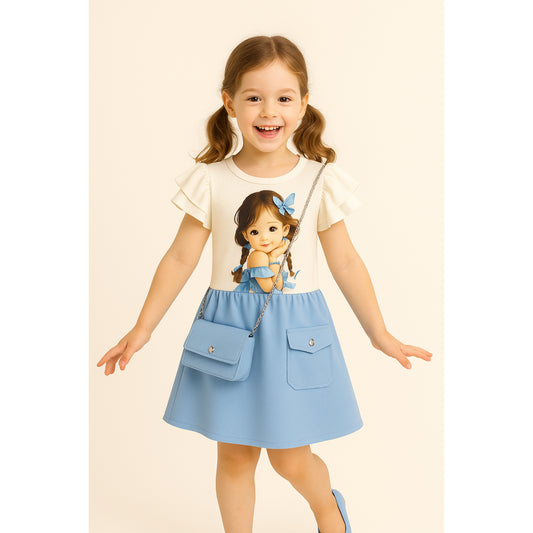 Meisjesjurk met poppenprint en blauw rokje – inclusief schoudertasje