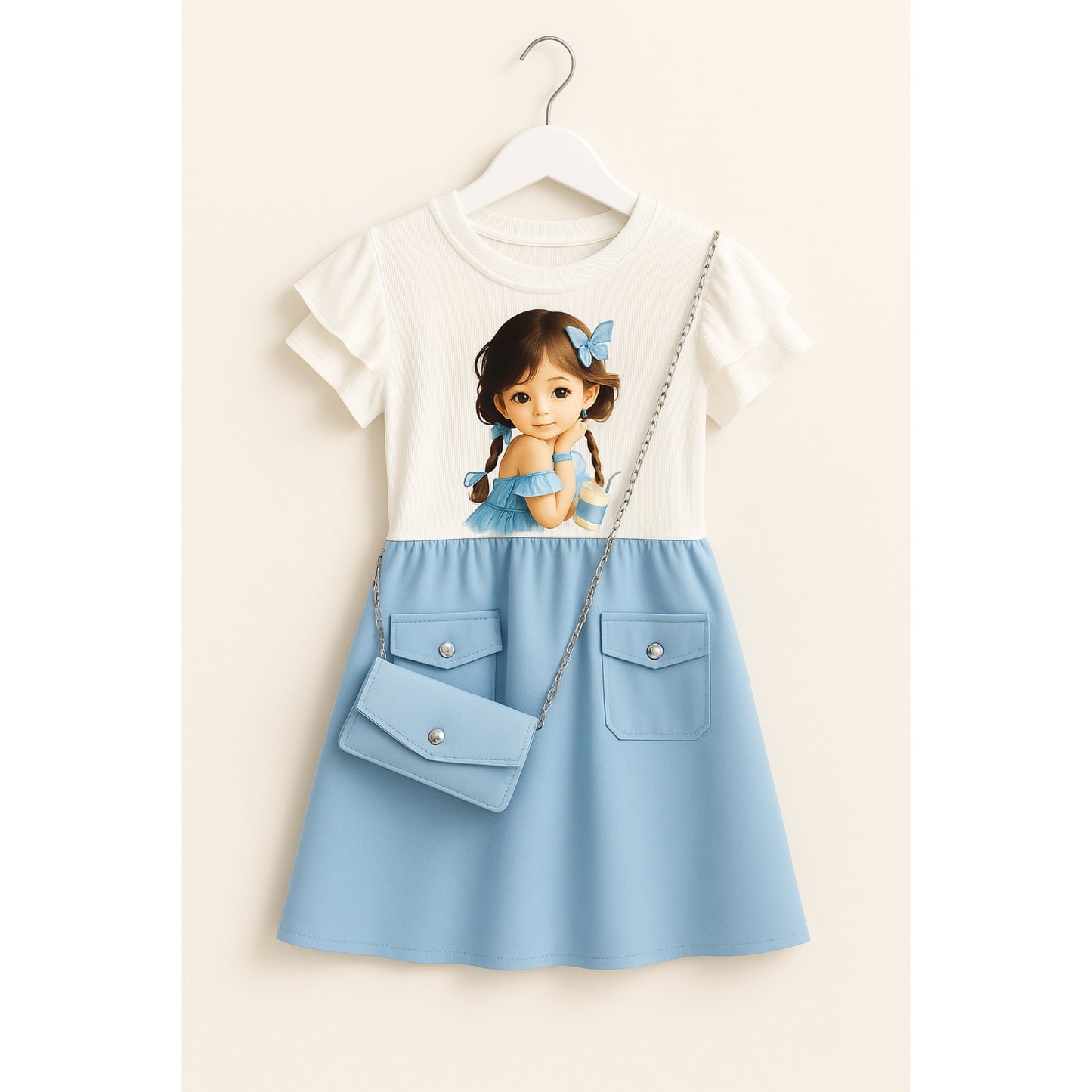 Meisjesjurk met poppenprint en blauw rokje – inclusief schoudertasje
