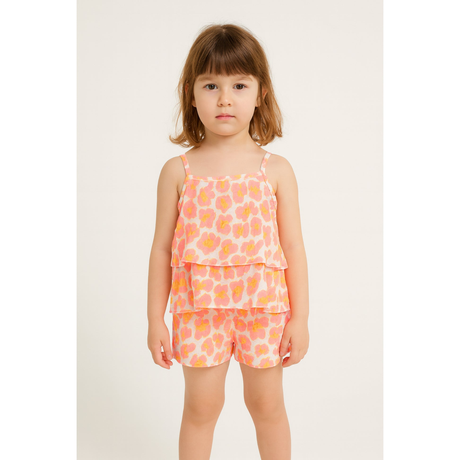 Meisjes Zomer Set met Roze en Oranje Bloemenprint – Tweedelig