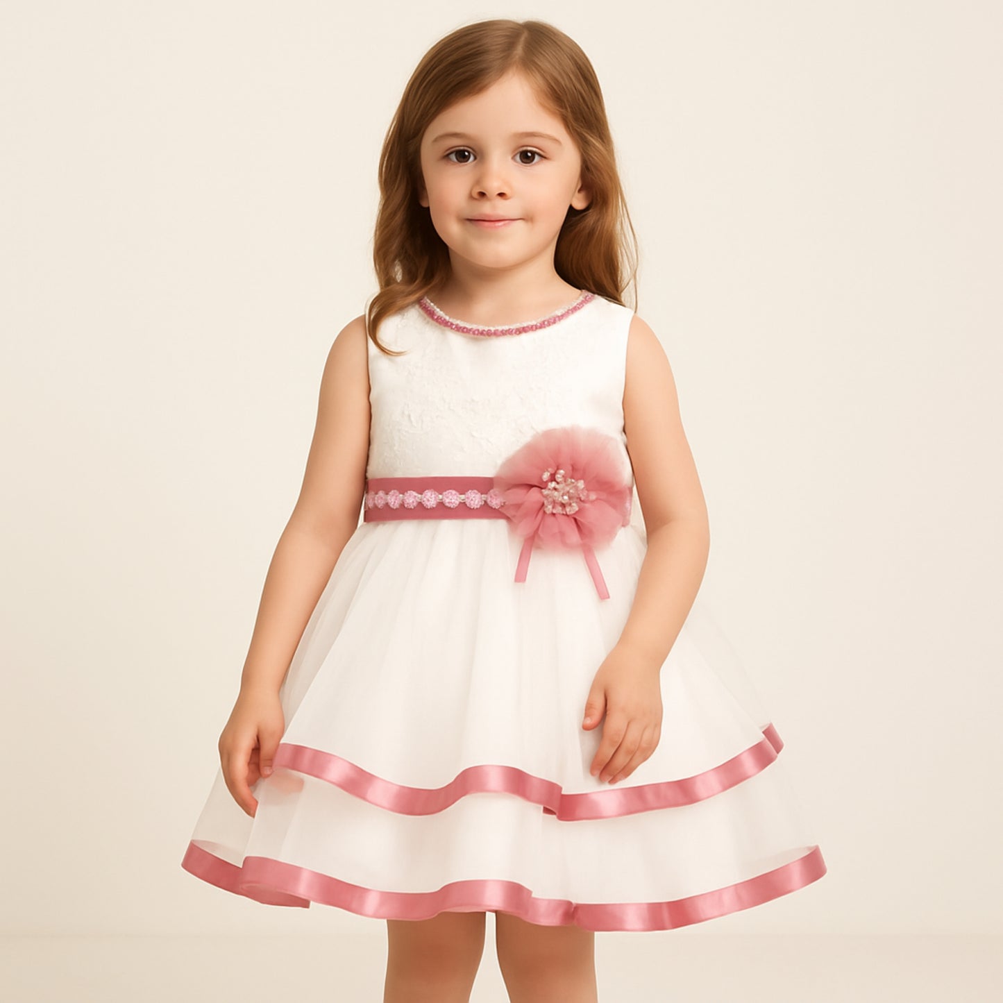 Witte feestjurk voor meisjes met roze satijnen details en bloemaccent