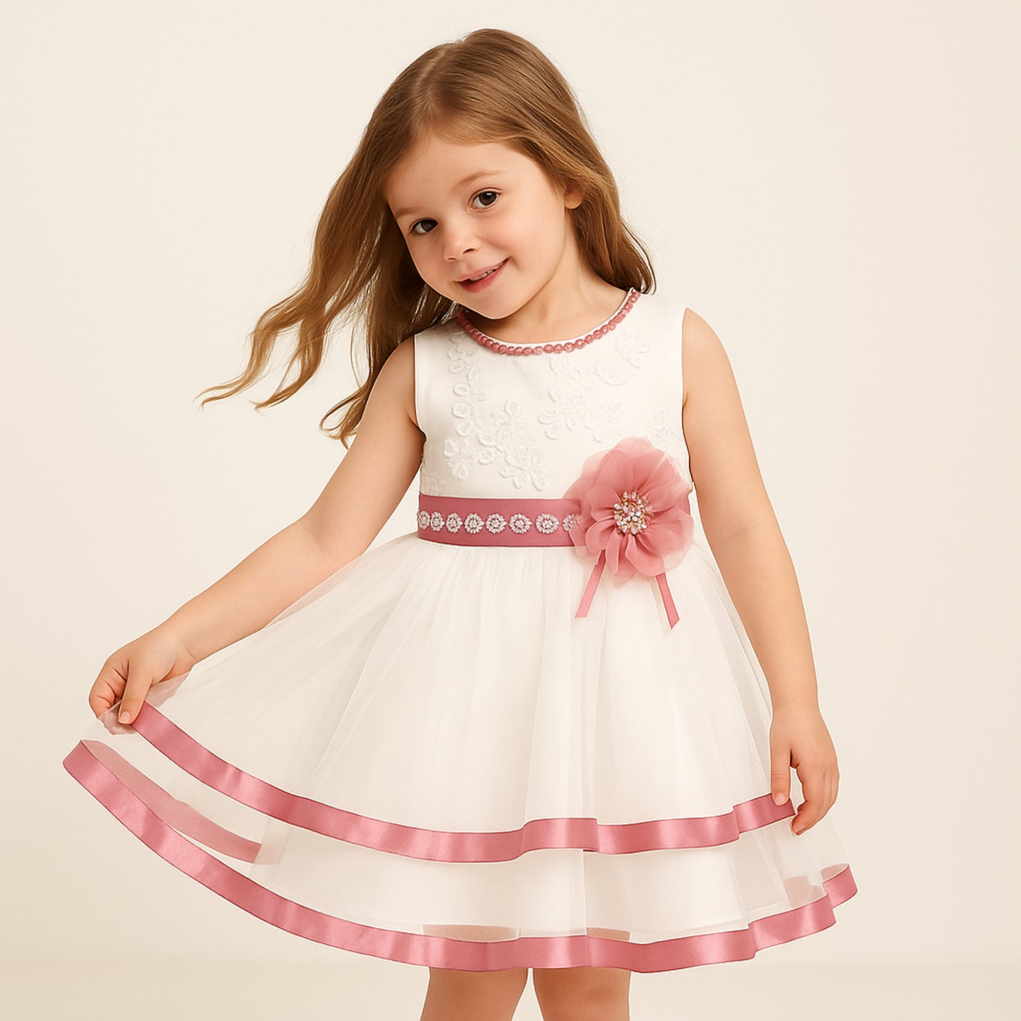 Witte feestjurk voor meisjes met roze satijnen details en bloemaccent