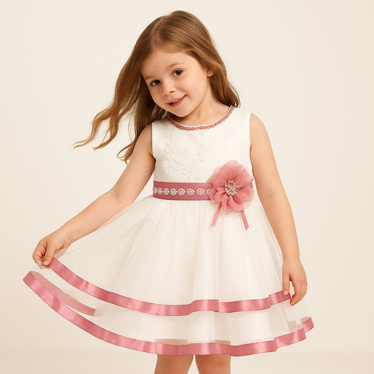 Witte feestjurk voor meisjes met roze satijnen details en bloemaccent