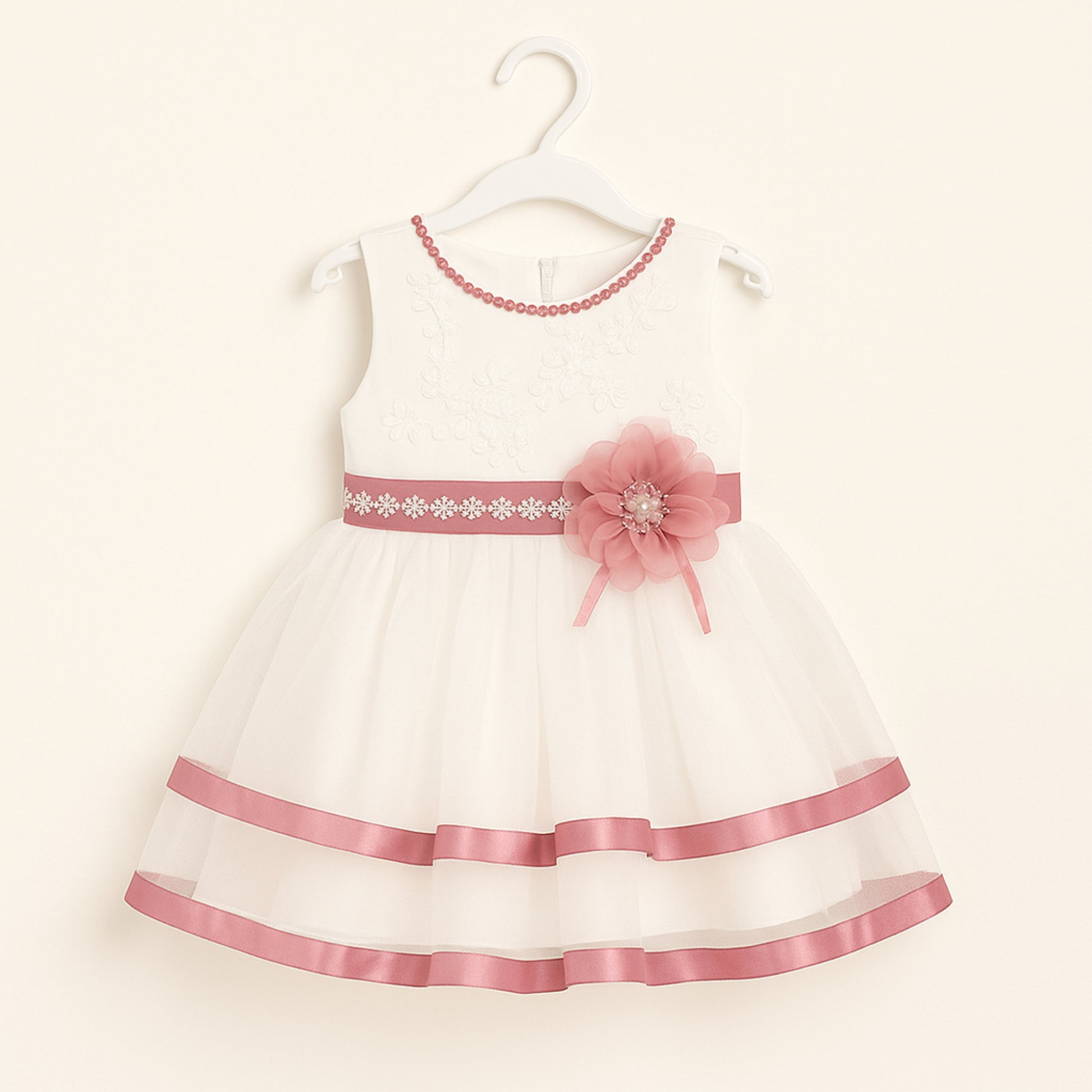 Witte feestjurk voor meisjes met roze satijnen details en bloemaccent