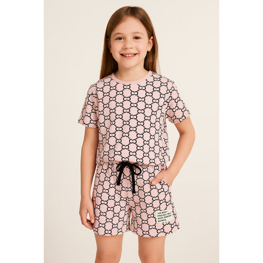 Roze Meisjes Set met Zwarte All-Over Print en Shorts