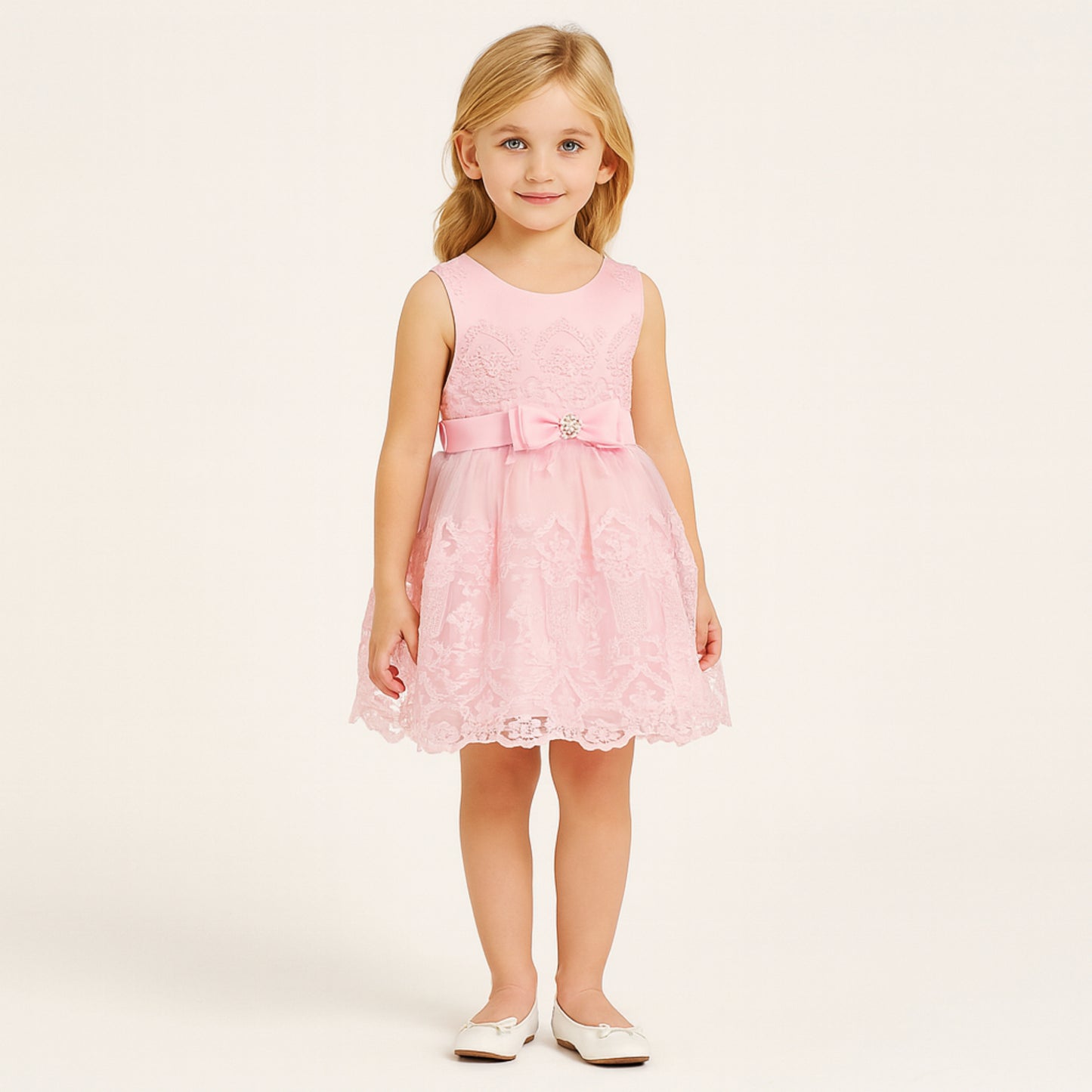 Meisjes Roze Kantjurk met Strik en Parel Detail