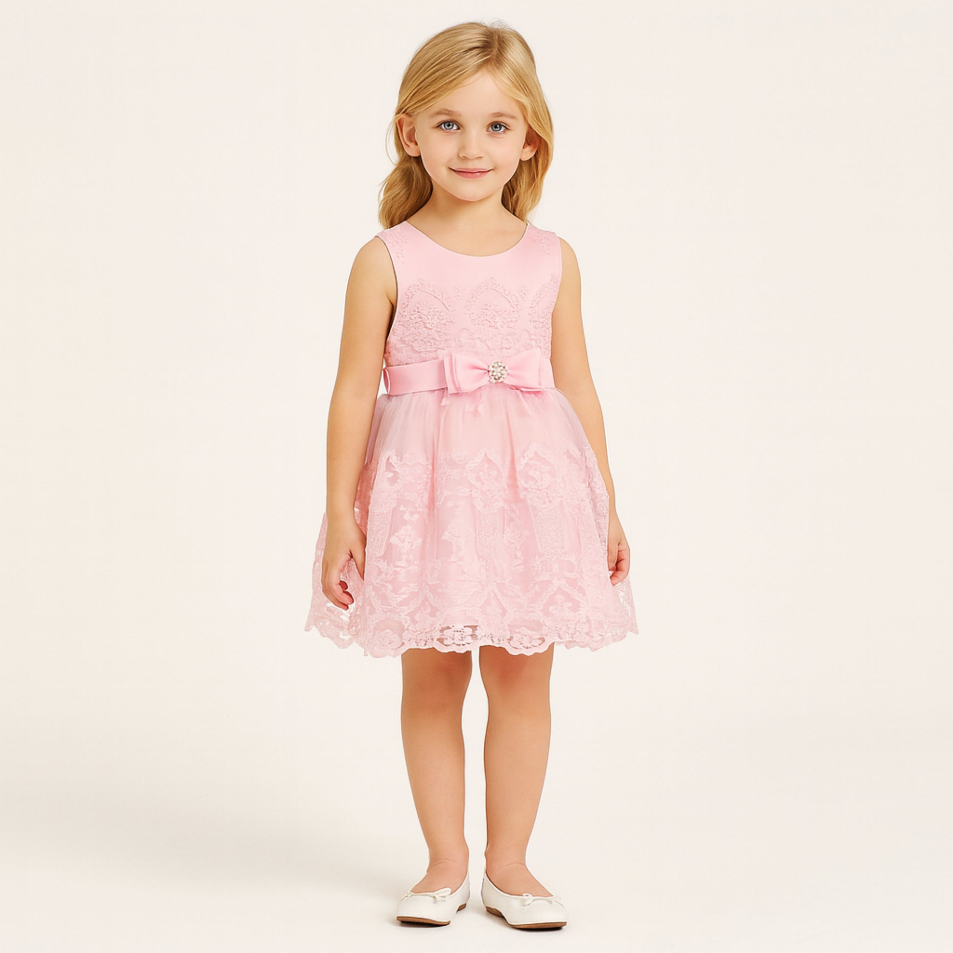Meisjes Roze Kantjurk met Strik en Parel Detail