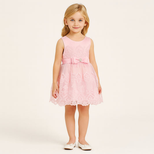 Meisjes Roze Kantjurk met Strik en Parel Detail