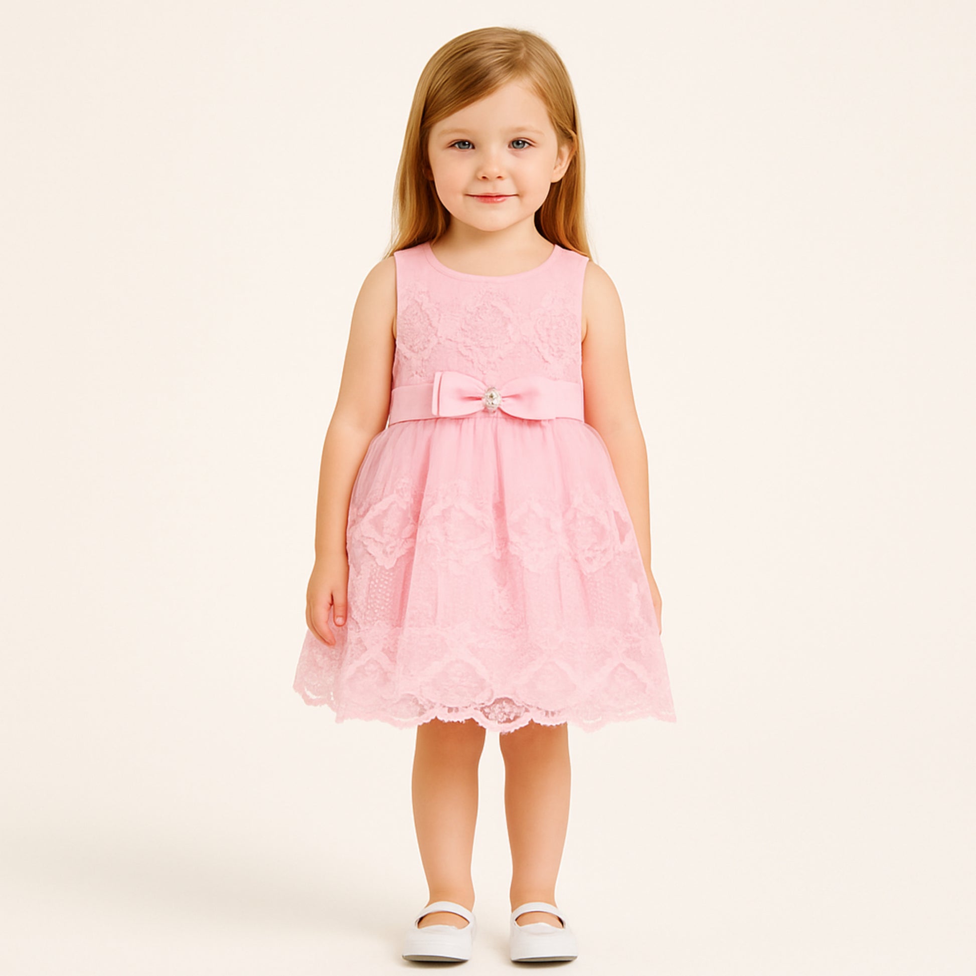 Meisjes Roze Kantjurk met Strik en Parel Detail