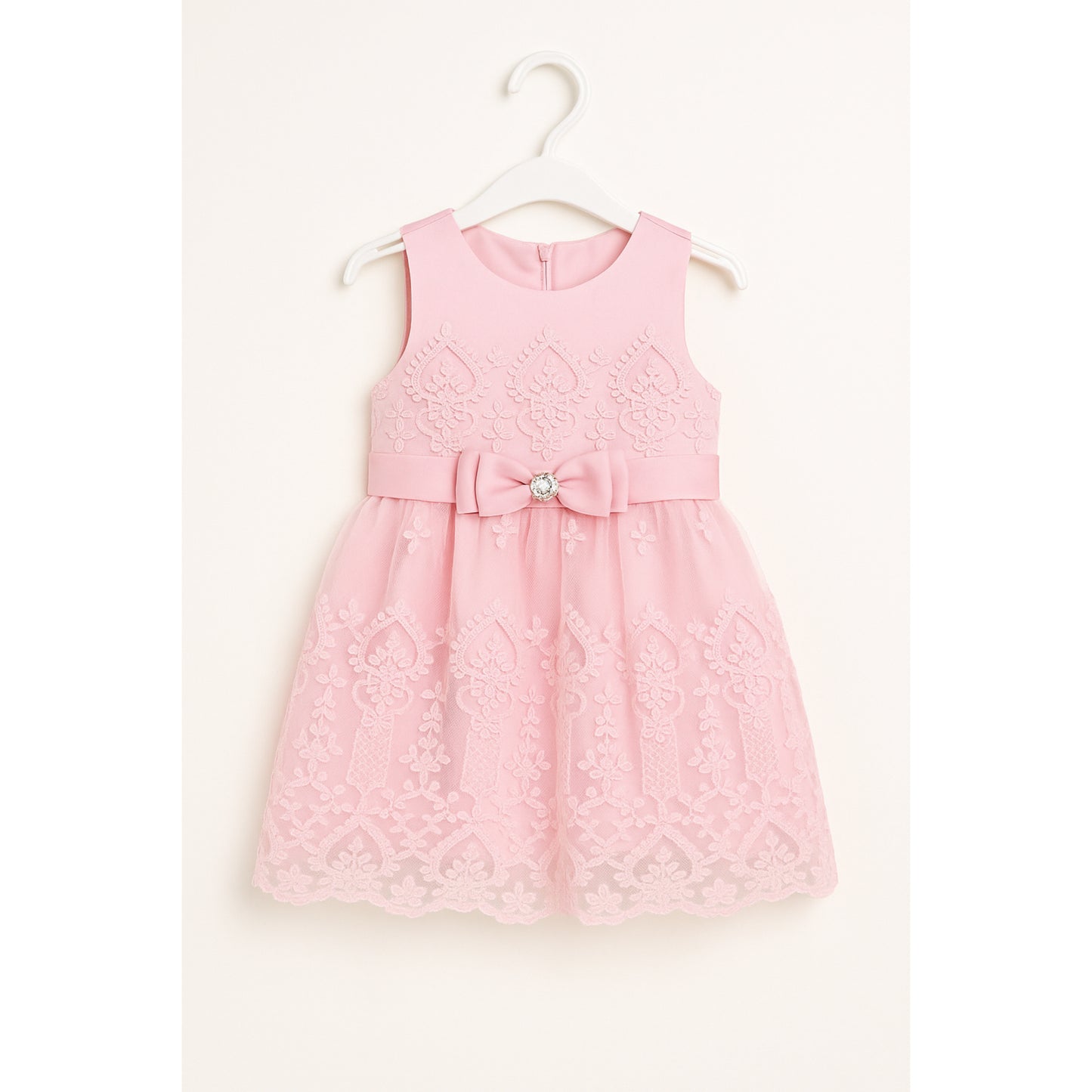 Meisjes Roze Kantjurk met Strik en Parel Detail