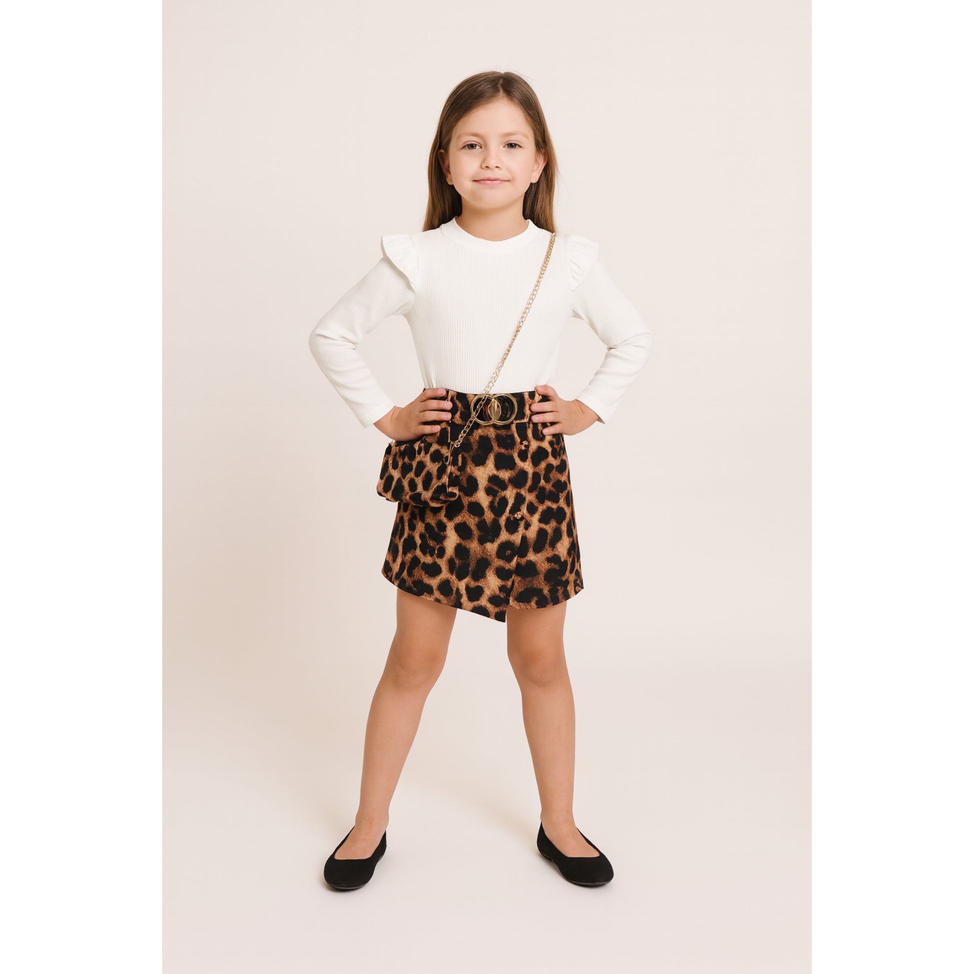 Meisjes set met panterprint rok – witte top met lange mouwen