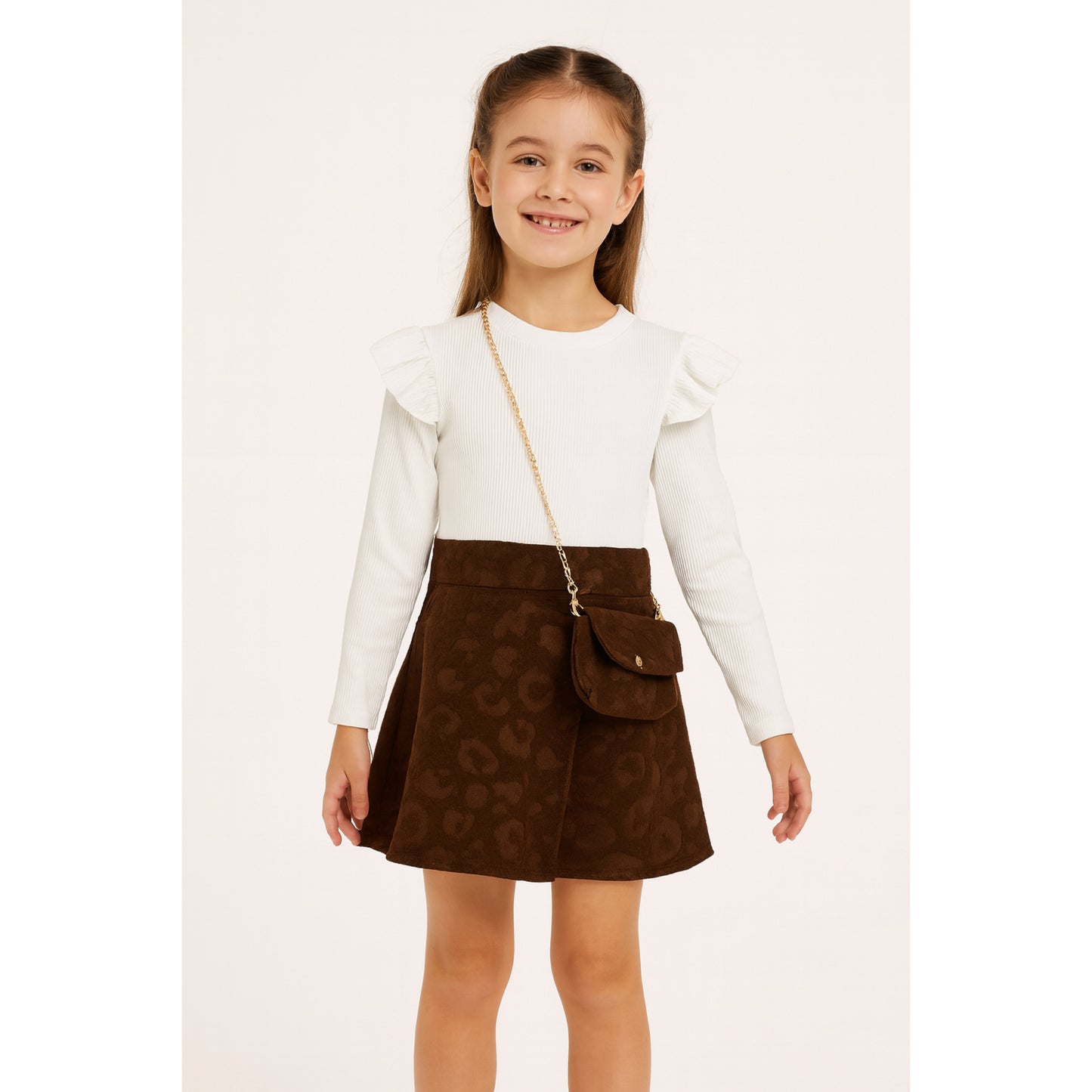 Meisjes rokenset met witte top en bruine rok – inclusief schoudertas