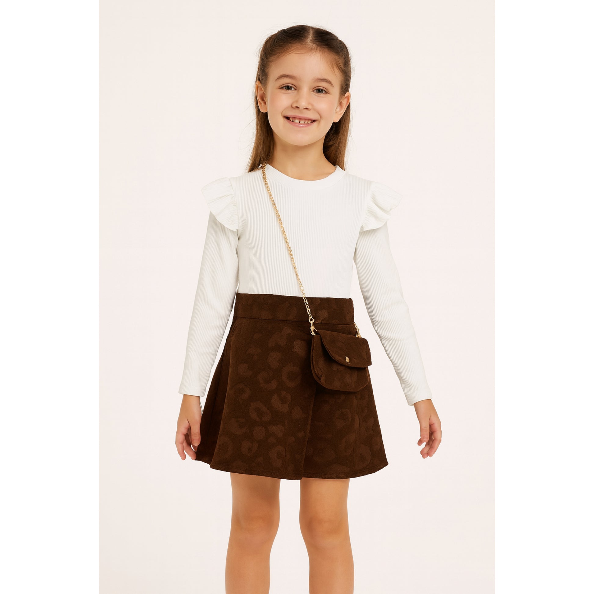Meisjes rokenset met witte top en bruine rok – inclusief schoudertas