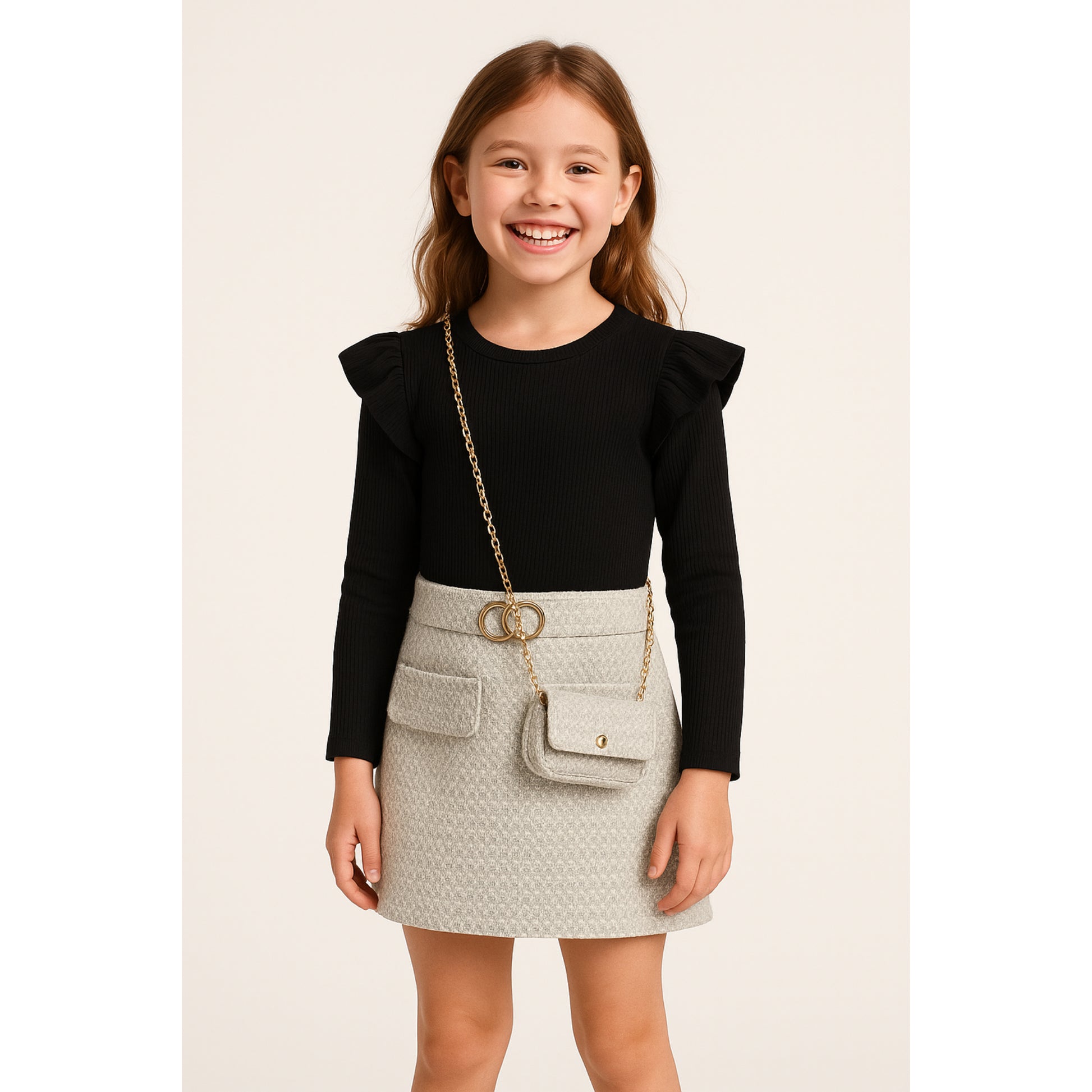 Meisjesrok met zwart shirt – beige set met schoudertas
