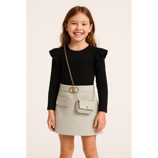 Meisjesrok met zwart shirt – beige set met schoudertas
