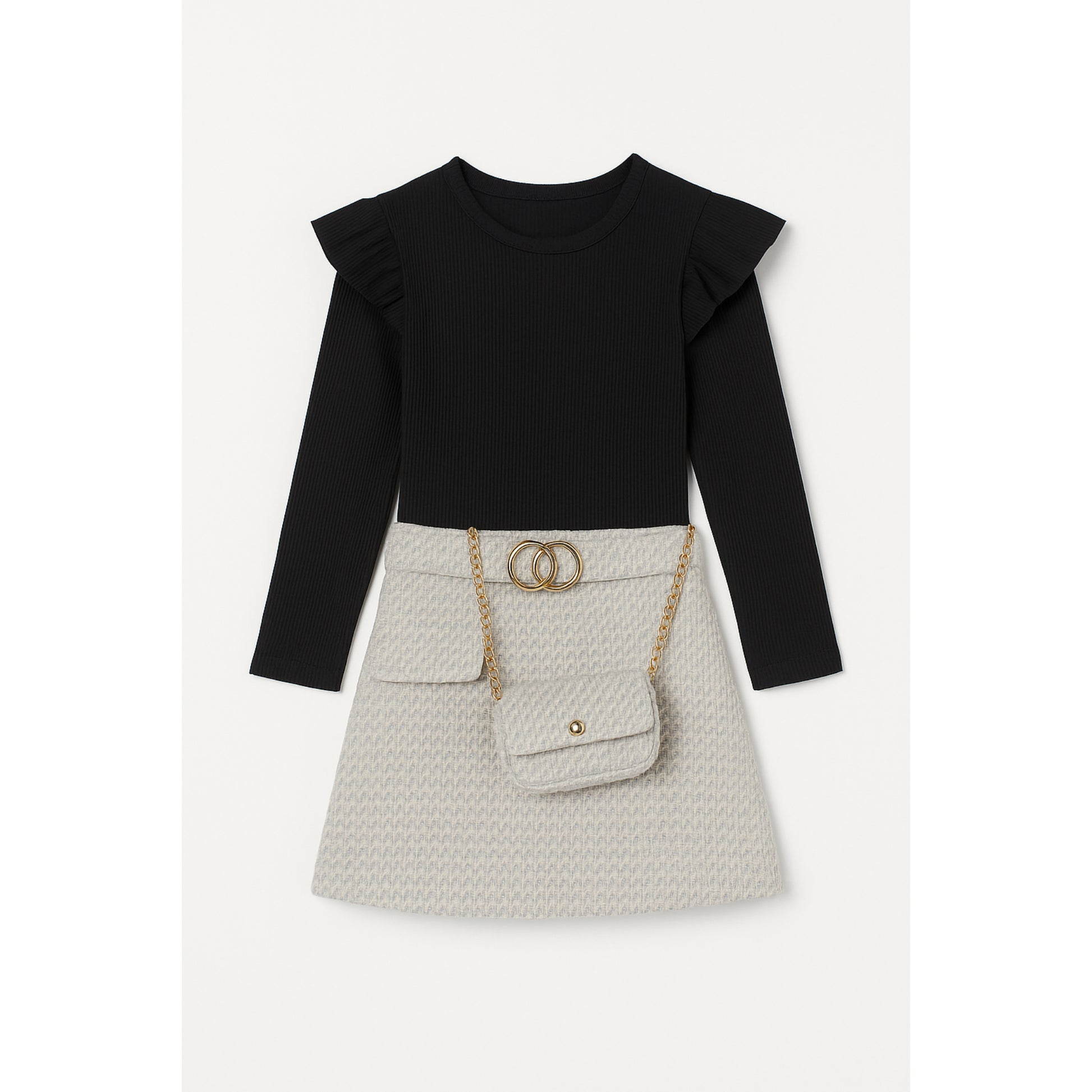 Meisjesrok met zwart shirt – beige set met schoudertas