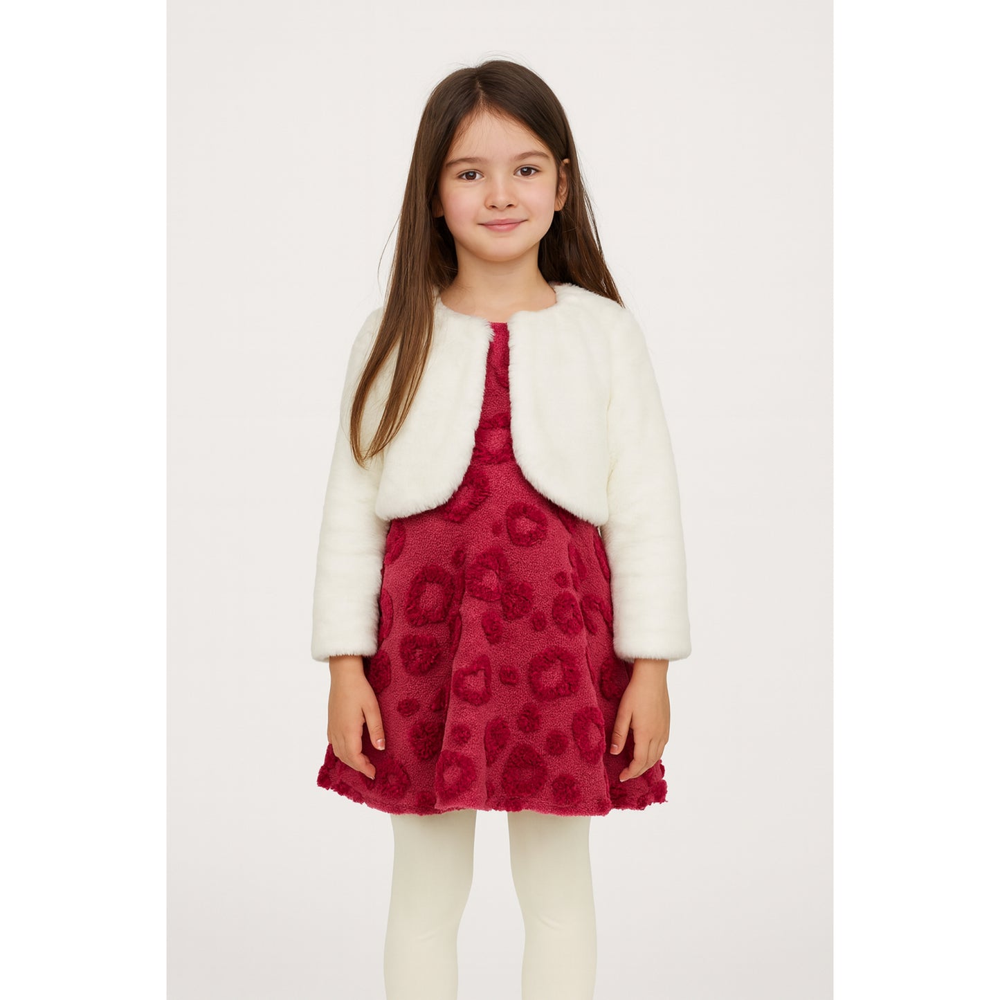 Meisjesjurk bordeaux met witte bontjas – feestelijke outfit met structuurstof