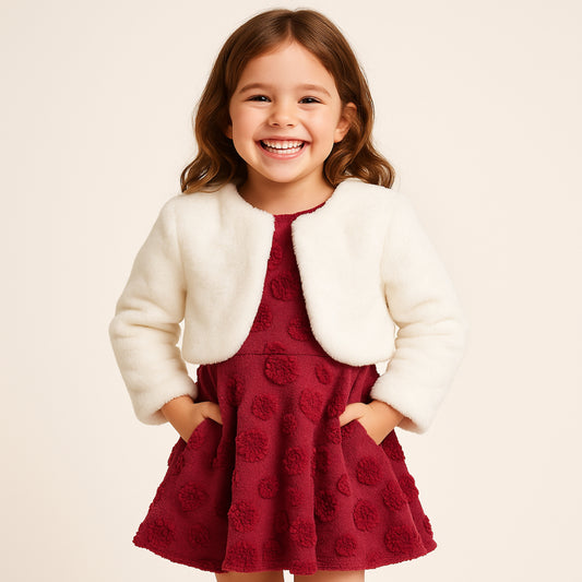 Meisjesjurk bordeaux met witte bontjas – feestelijke outfit met structuurstof