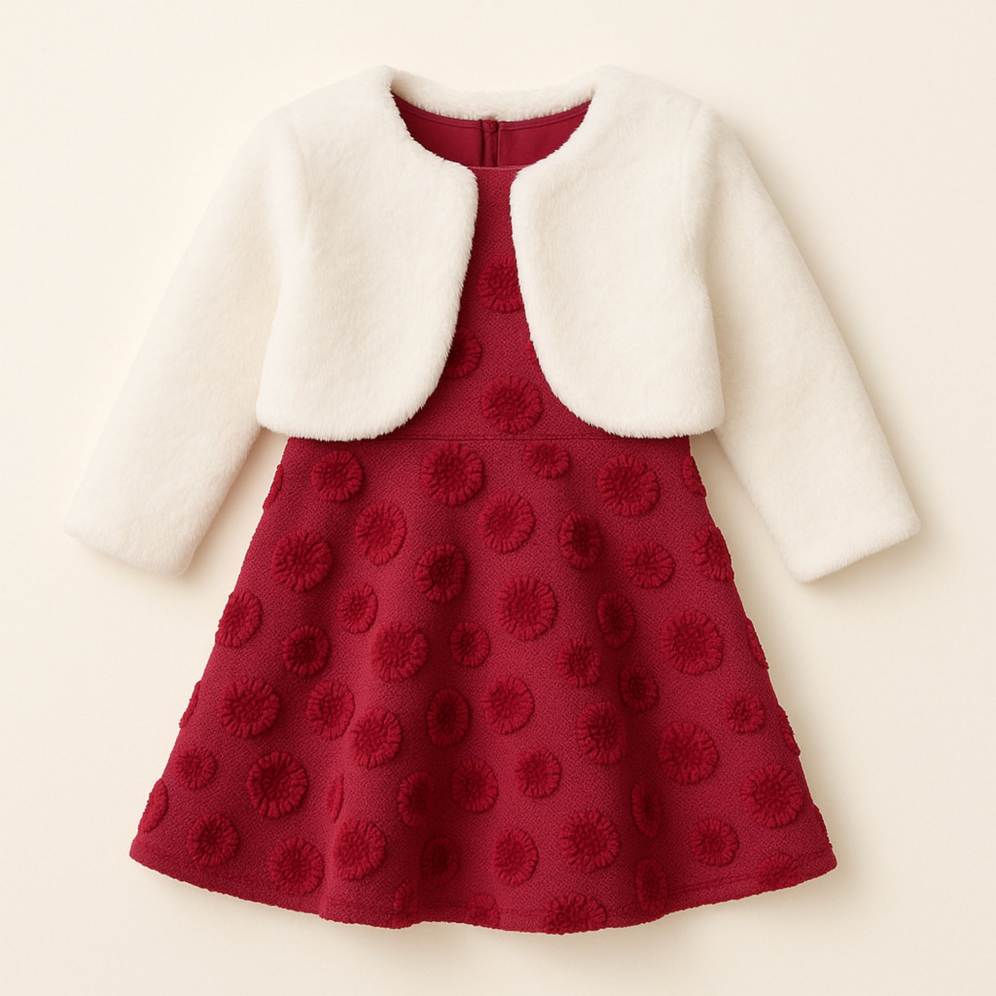 Meisjesjurk bordeaux met witte bontjas – feestelijke outfit met structuurstof
