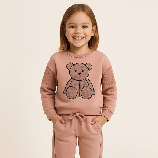 Meisjes trainingspak met teddybeer print – roze sweatshirt en broek met glitterdetails
