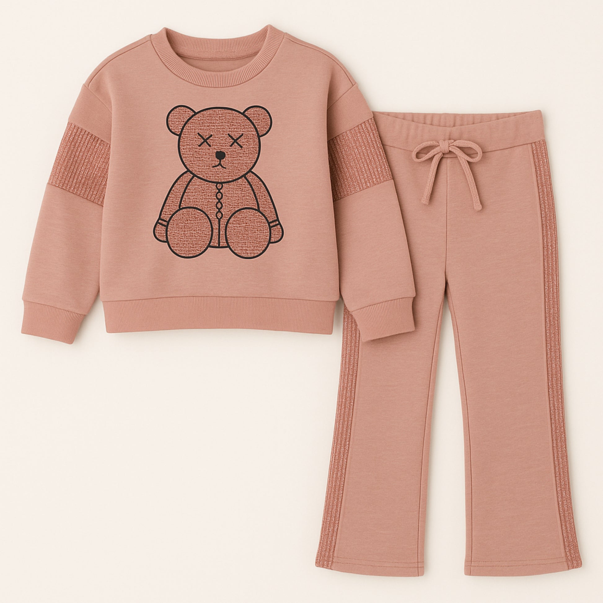 Meisjes trainingspak met teddybeer print – roze sweatshirt en broek met glitterdetails