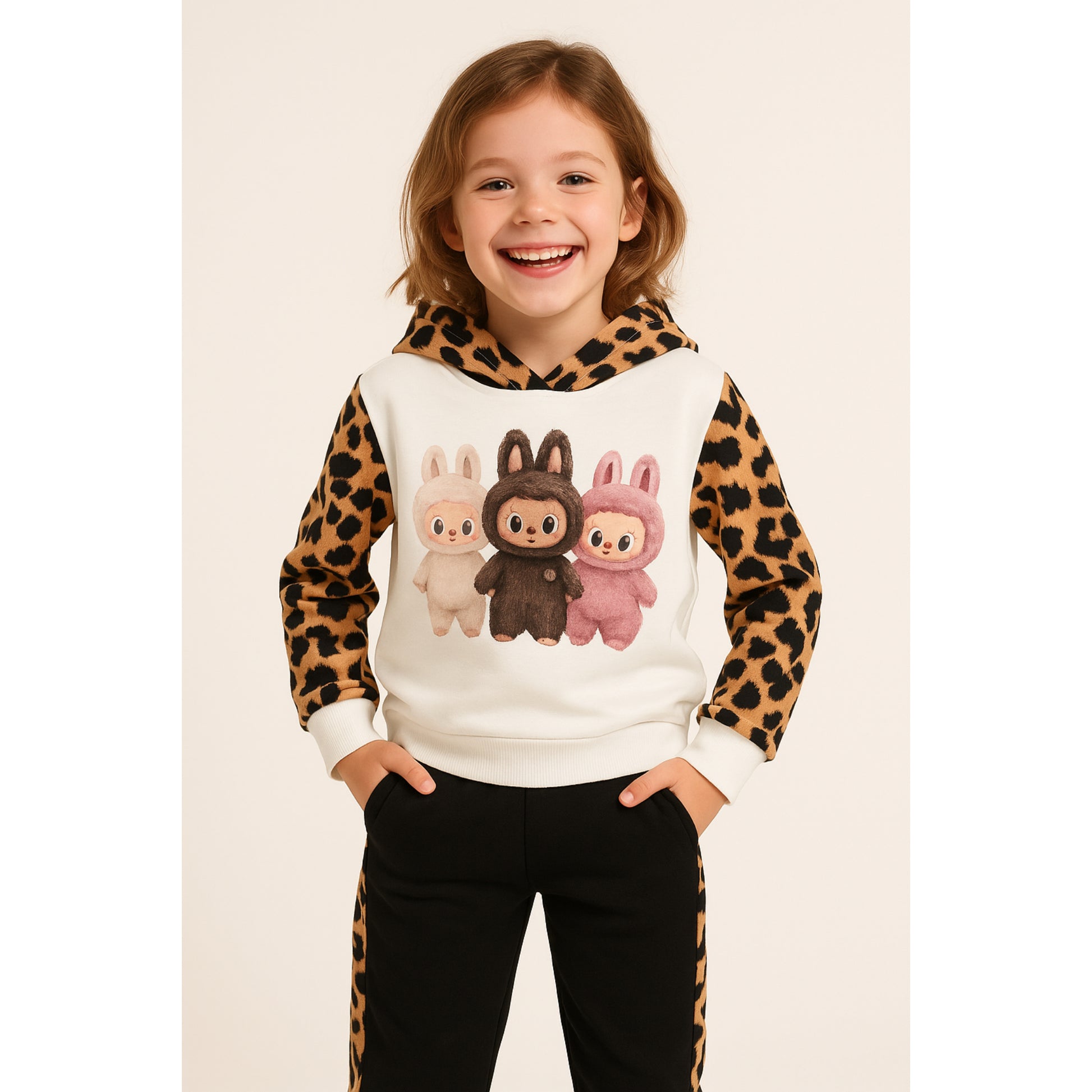 Meisjes trainingspak met konijnenprint – wit sweatshirt met luipaarddetails en zwarte broek