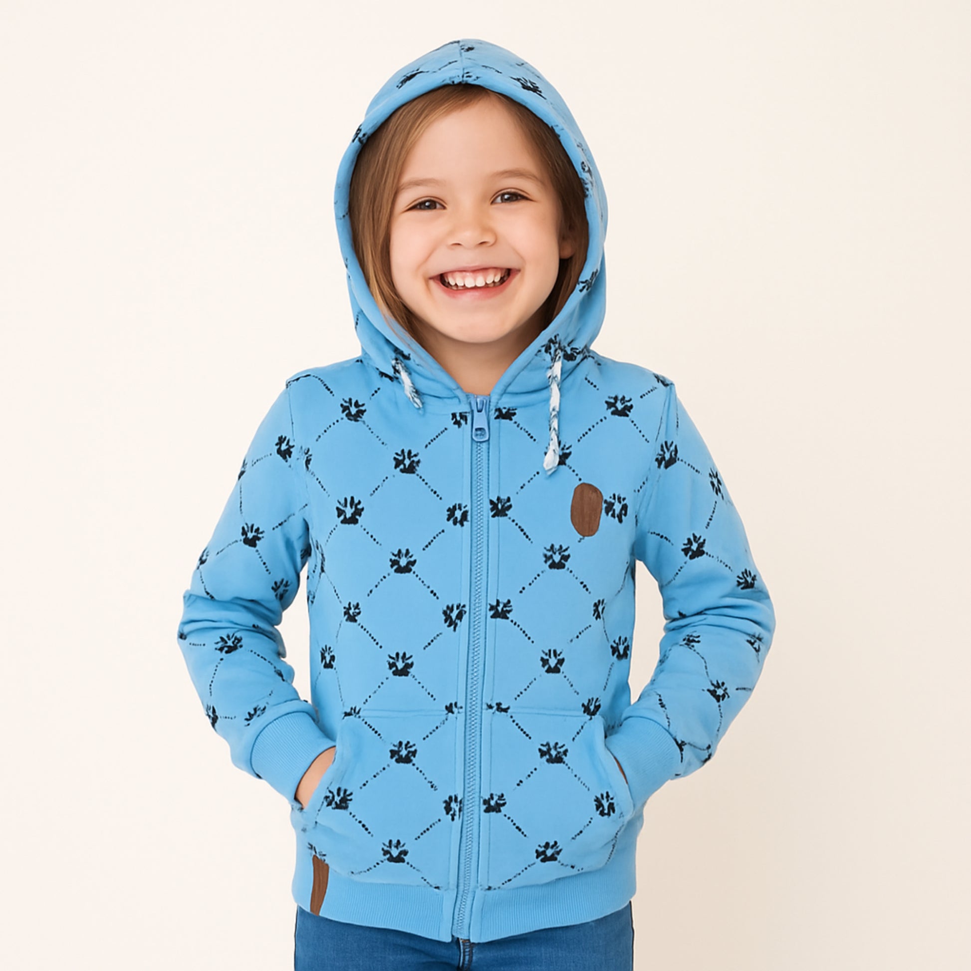 Blauwe meisjes hoodie met pootafdrukken – ritssluiting & capuchon