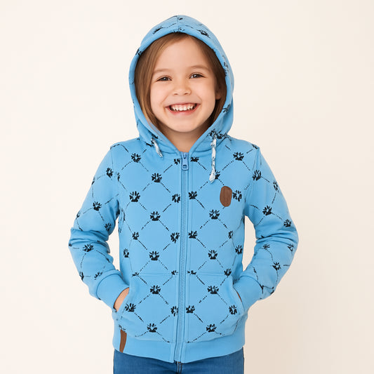 Blauwe meisjes hoodie met pootafdrukken – ritssluiting & capuchon
