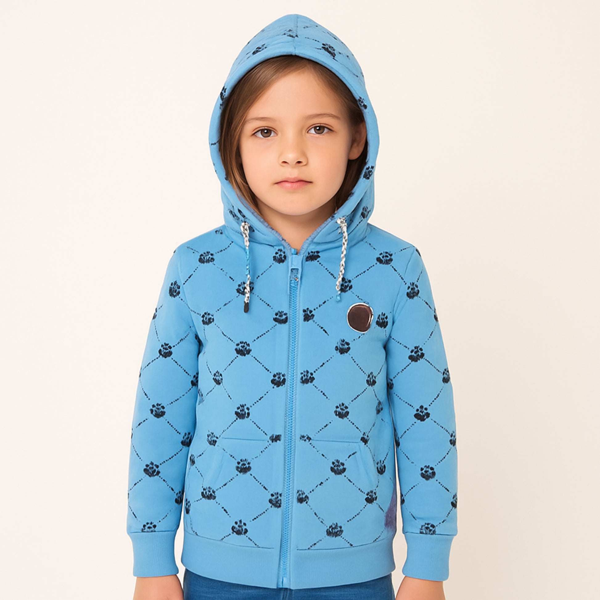 Blauwe meisjes hoodie met pootafdrukken – ritssluiting & capuchon
