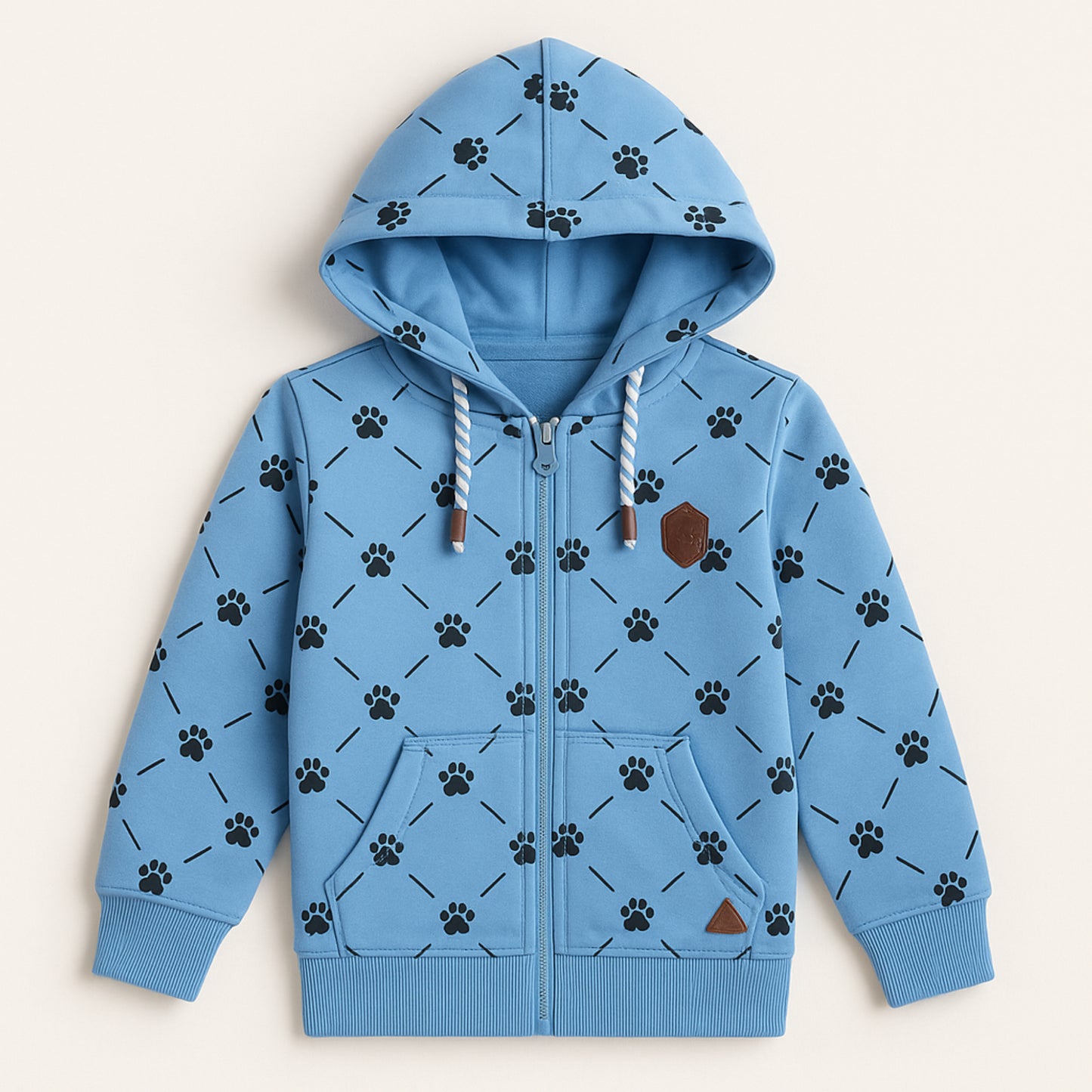 Blauwe meisjes hoodie met pootafdrukken – ritssluiting & capuchon