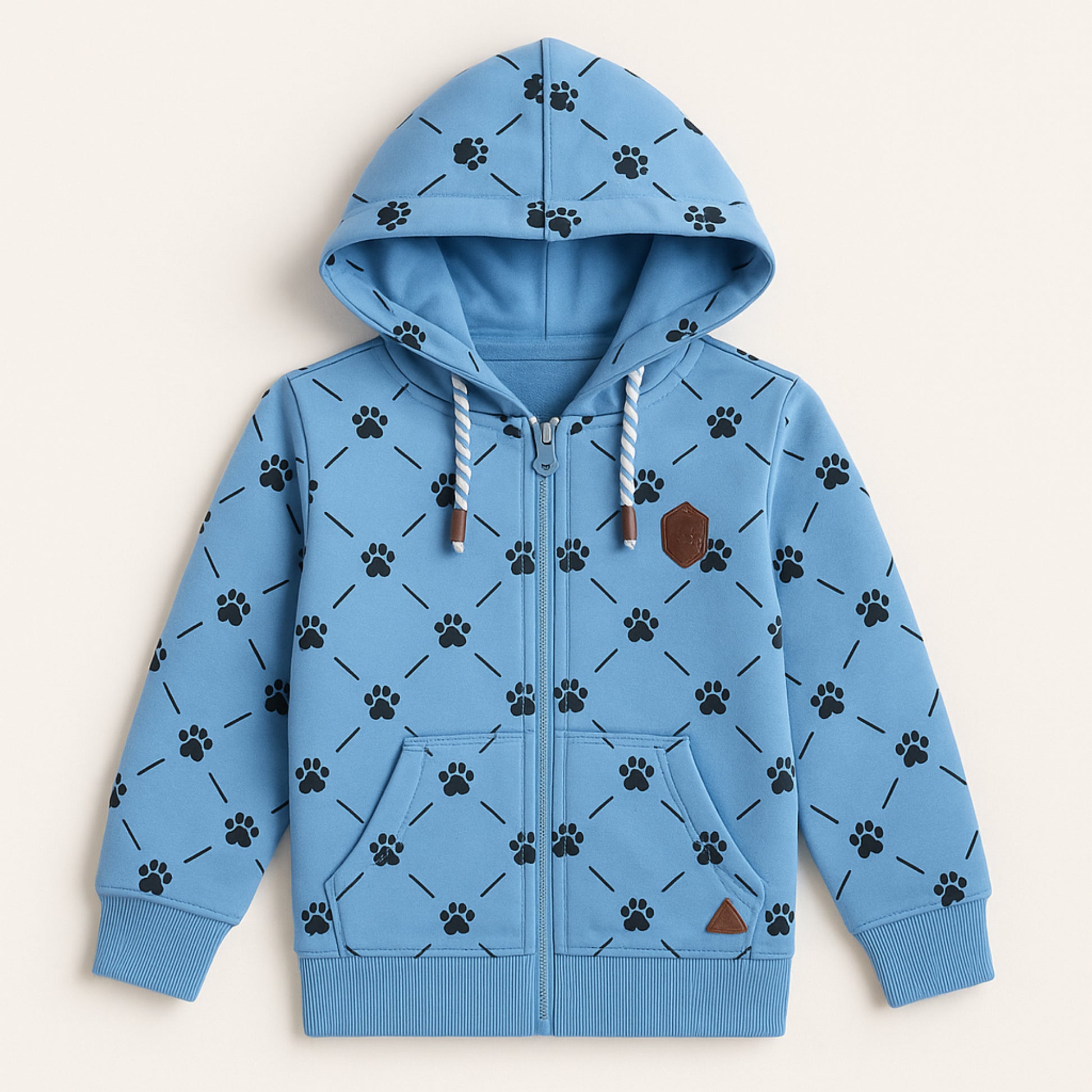 Blauwe meisjes hoodie met pootafdrukken – ritssluiting & capuchon