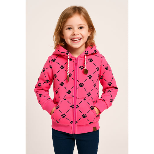 Meisjes hoodie roze met pootafdrukken – comfortabele kinderkleding met rits