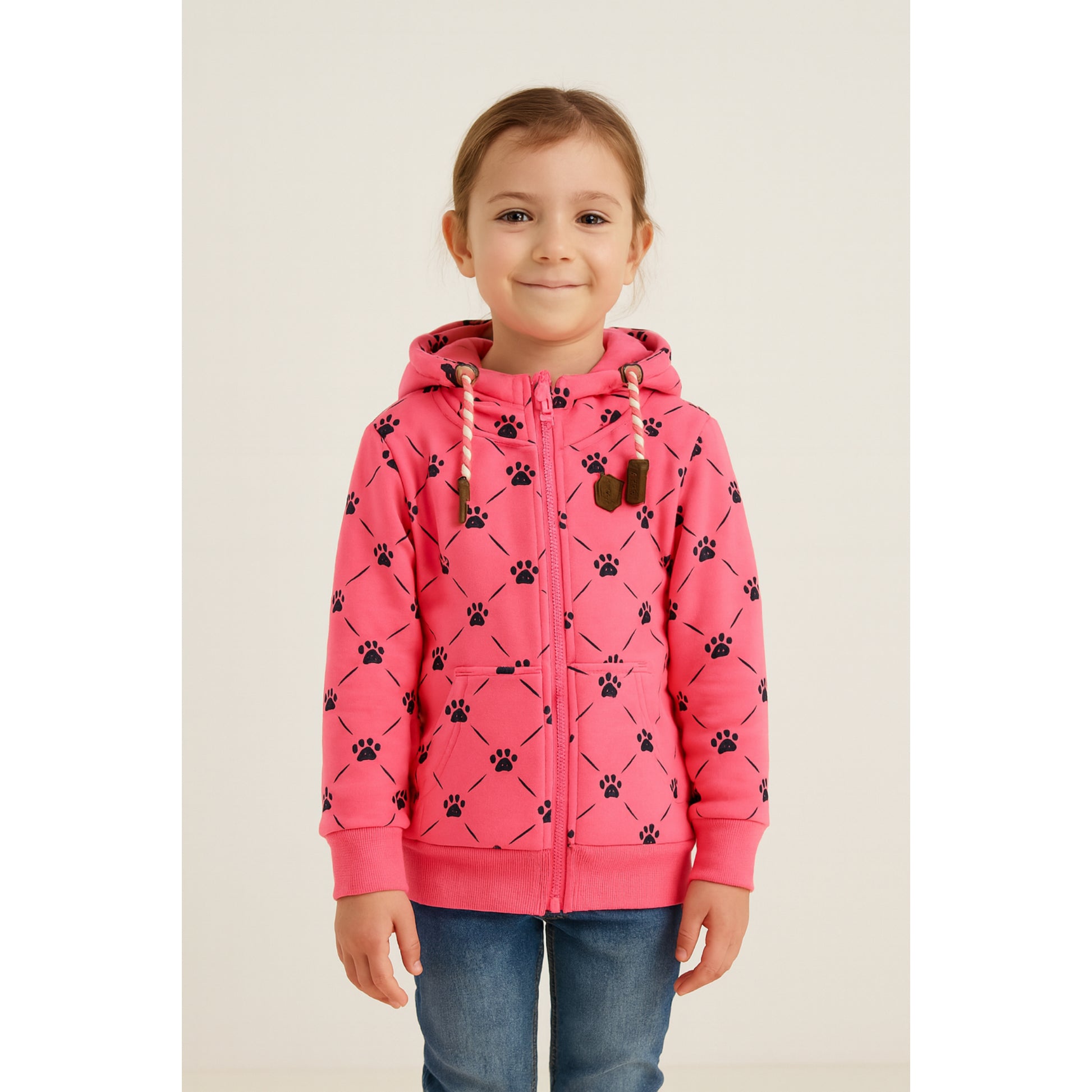 Meisjes hoodie roze met pootafdrukken – comfortabele kinderkleding met rits