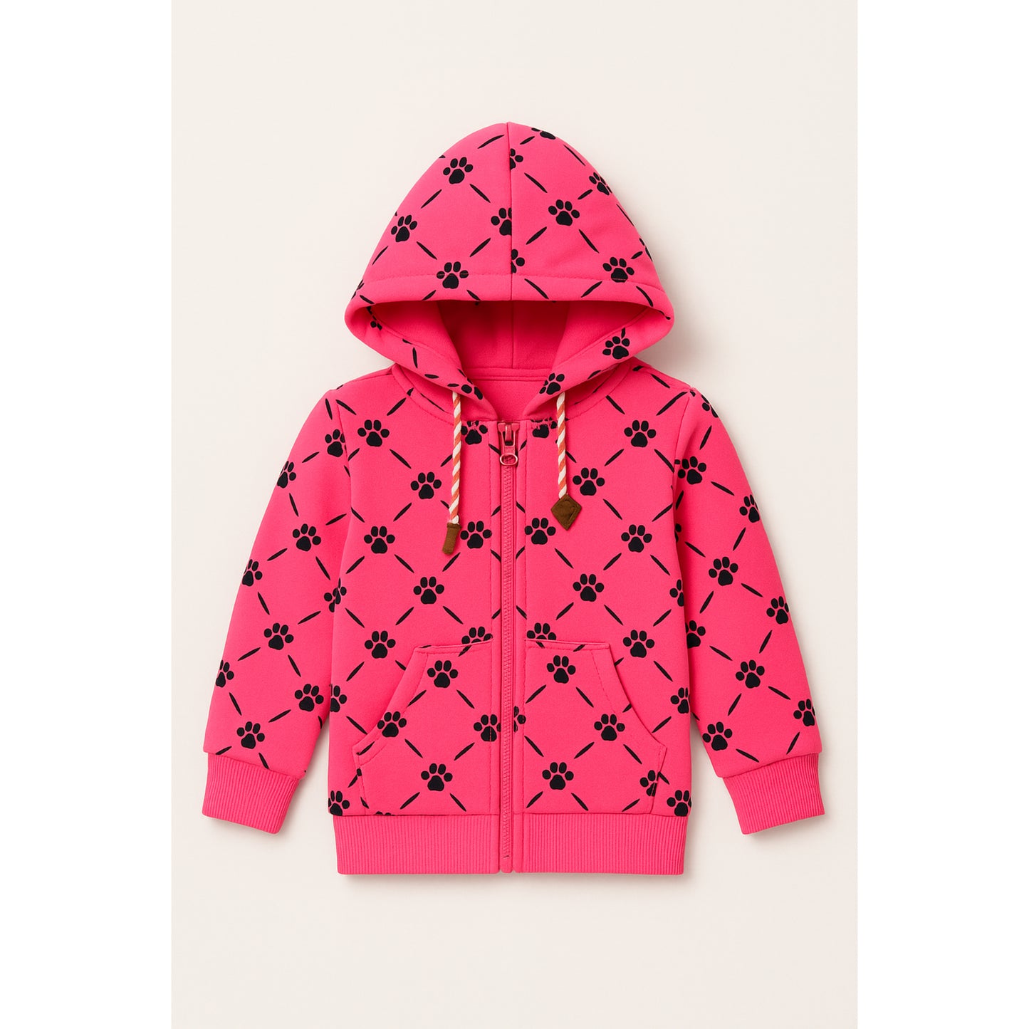 Meisjes hoodie roze met pootafdrukken – comfortabele kinderkleding met rits